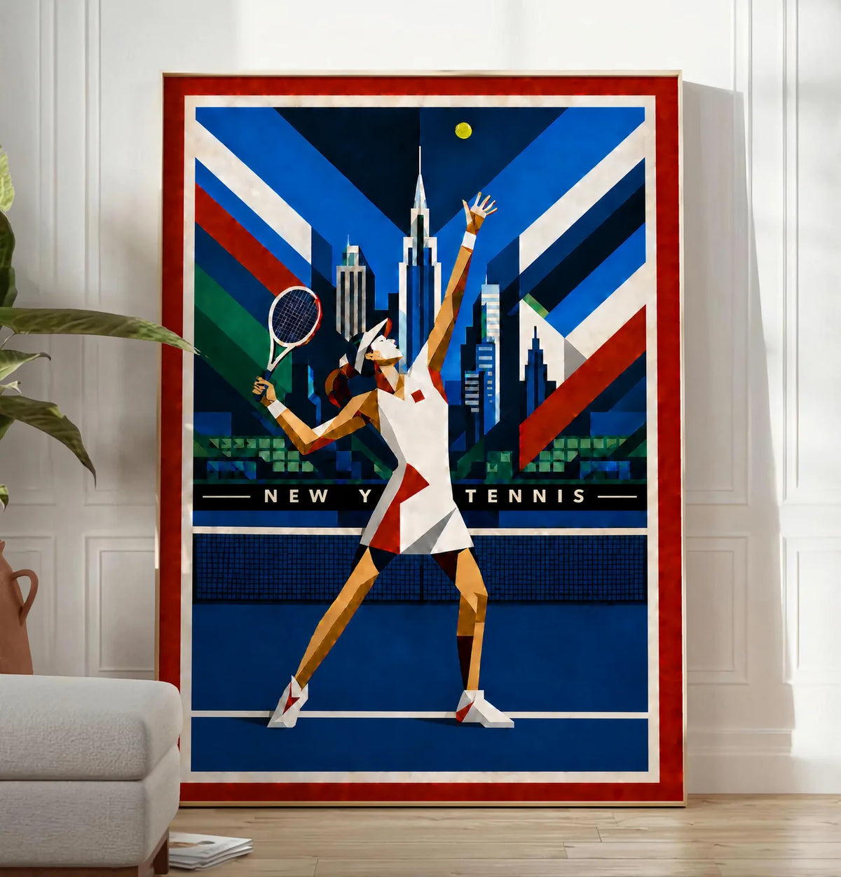 Affiche New York Tennis Geometric Femme service vers le trophée, affiche Art déco de tennis new-yorkaise