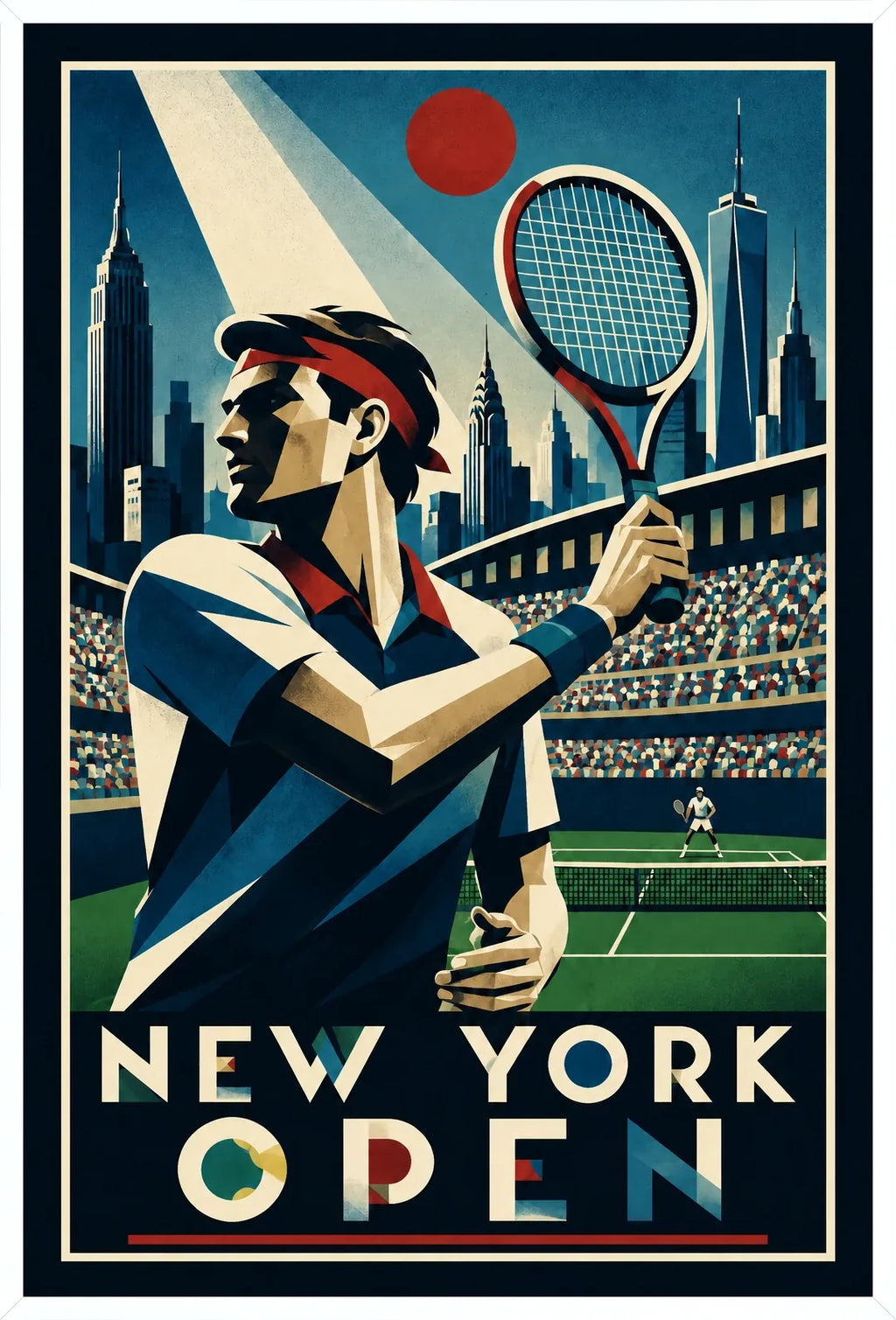 Affiche New York Tennis Open Male High Forehand Finish, affiche Art déco de tennis new-yorkaise