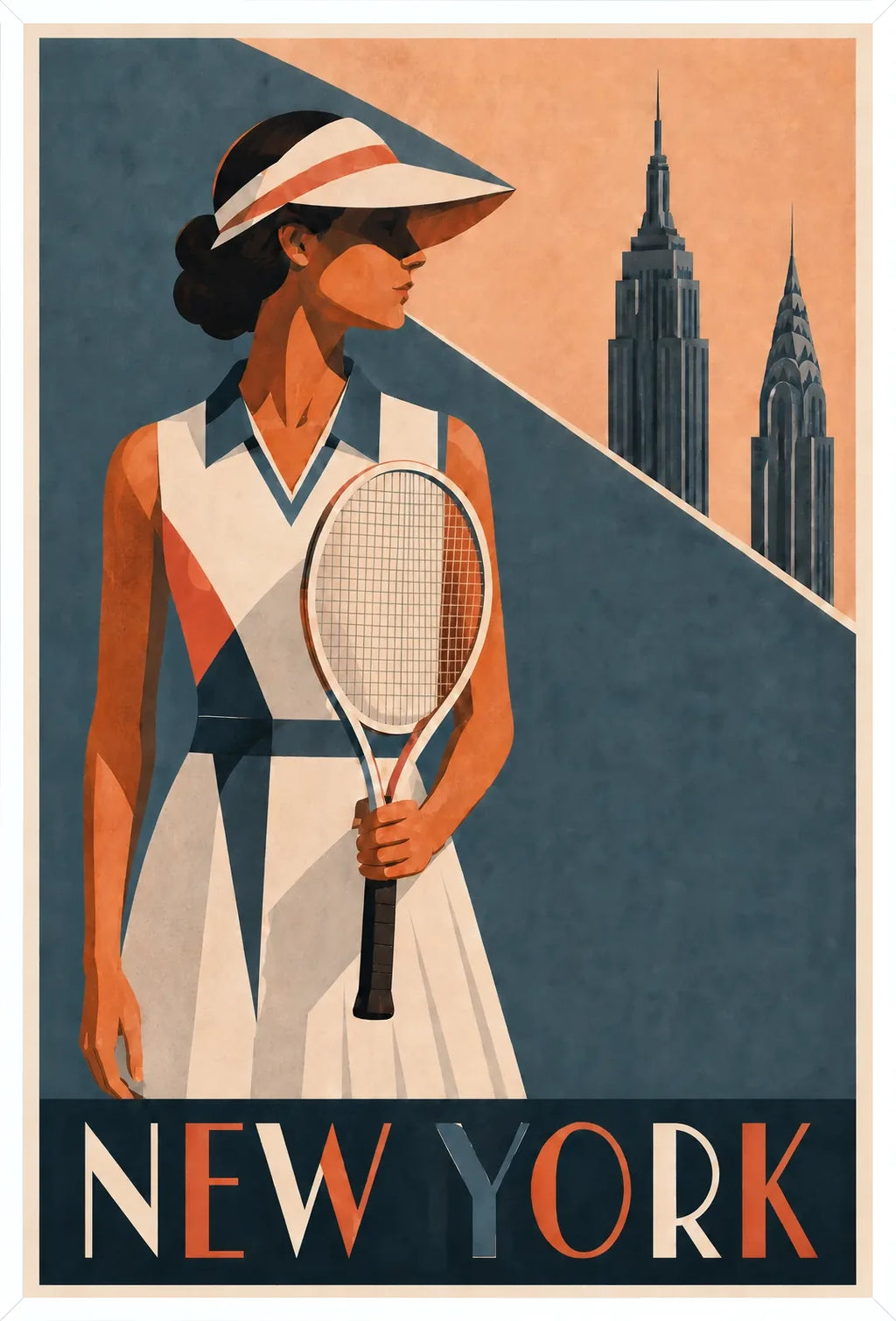 Affiche New York Tennis Femme Coral profil, affiche Art déco de tennis new-yorkaise