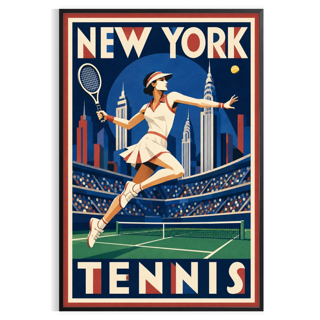 Affiche New York Tennis Tennis Female action offensive, affiche Art déco de tennis new-yorkaise