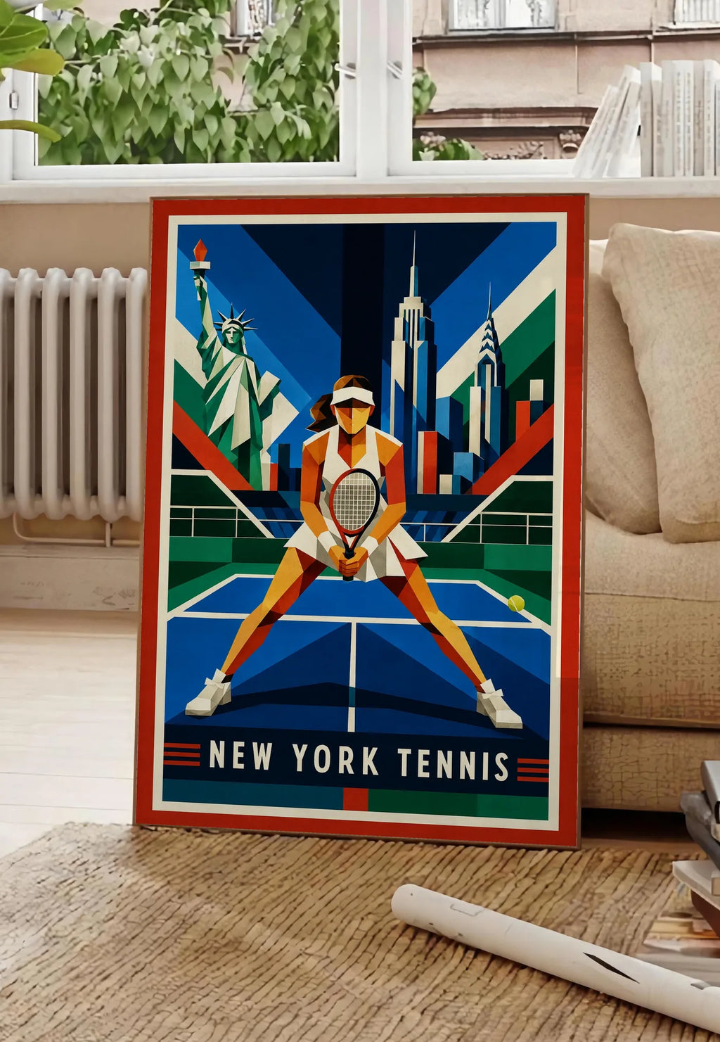 Affiche New York Tennis Geometric Femme Split Step prêt, affiche Art déco de tennis new-yorkaise