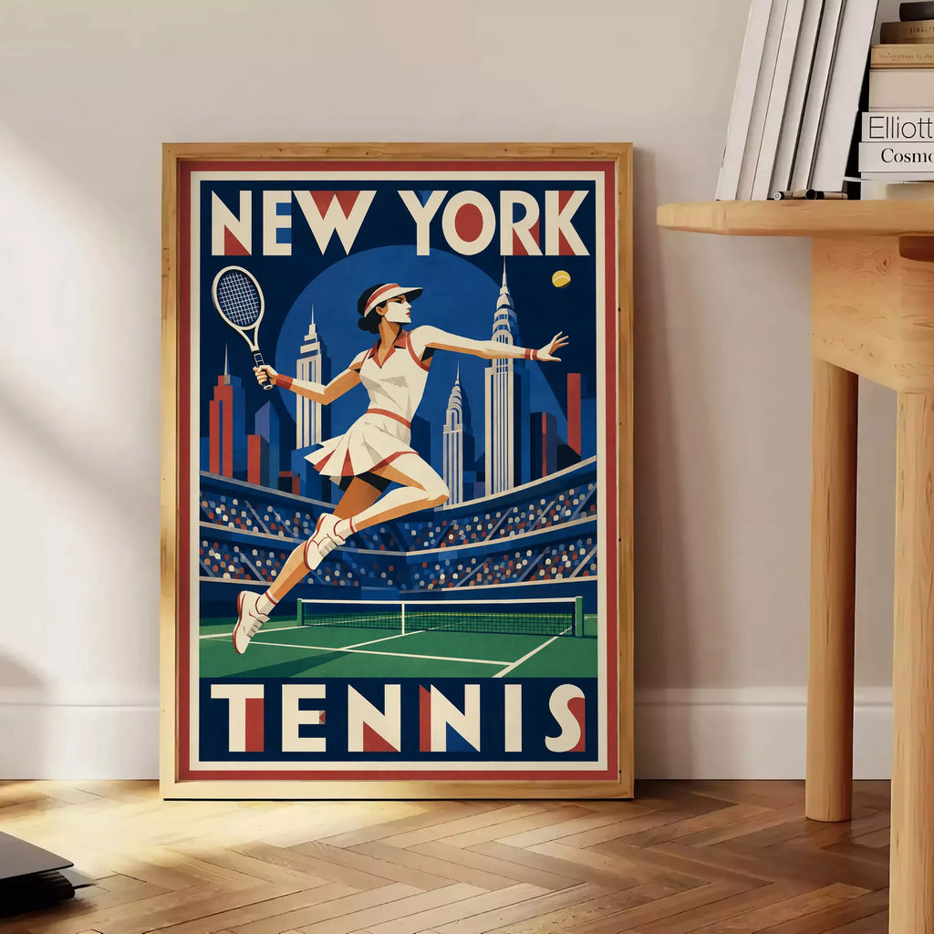 Affiche New York Tennis Tennis Female action offensive, affiche Art déco de tennis new-yorkaise