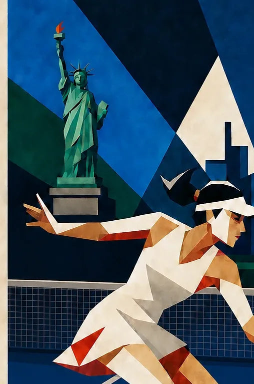 Affiche New York Tennis Geometric Femme Low demi-volée, affiche Art déco de tennis new-yorkaise
