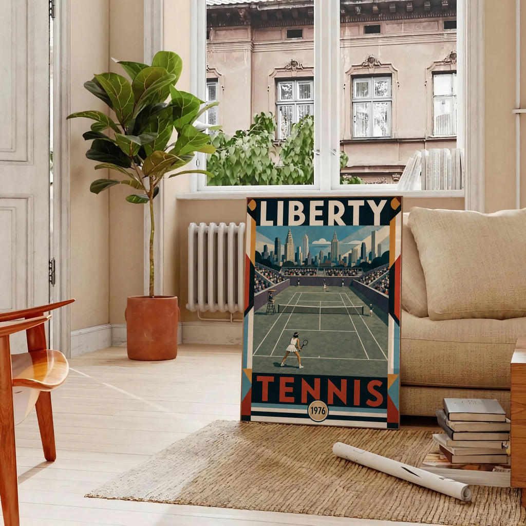 Affiche New York Tennis Liberty Tennis 1976 Femme Har-Tru Court View, affiche Art déco de tennis new-yorkaise