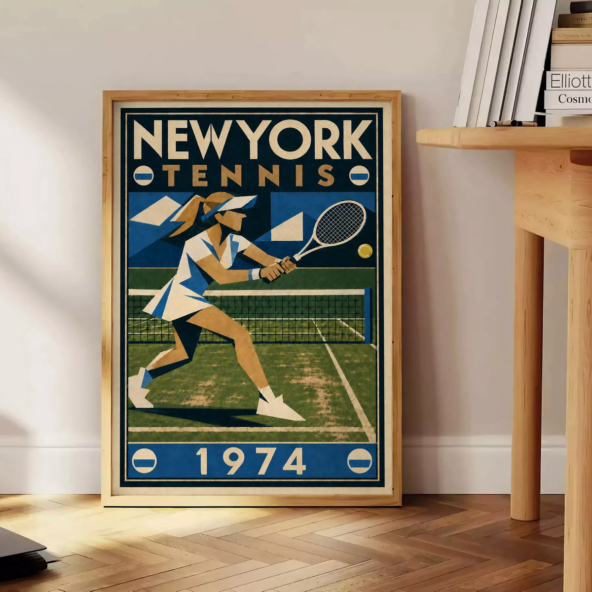 Affiche New York Tennis New York Tennis 1974 Femme gazon volée, affiche Art déco de tennis new-yorkaise