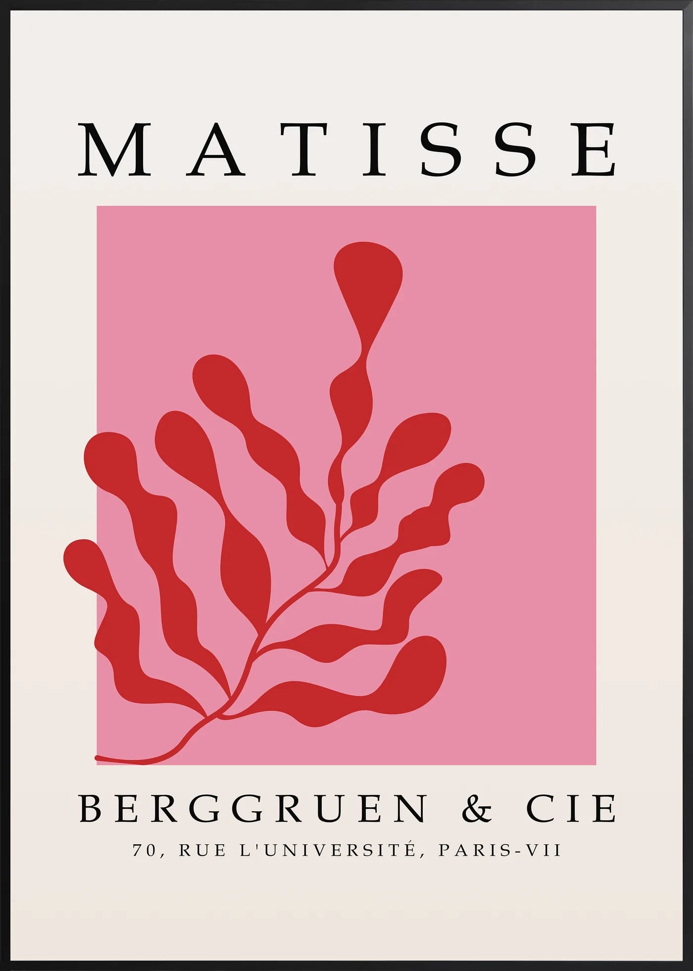 Affiche Algue Rouge sur Rose Papiers Decoupes — Henri Matisse — encadrement noir
