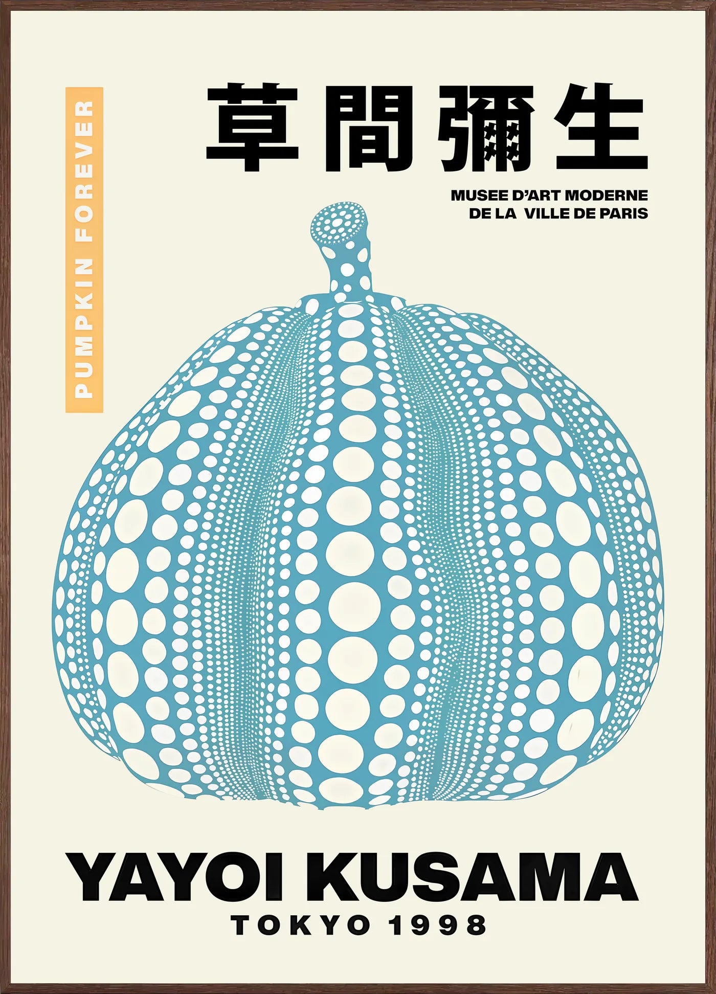 Affiche Citrouille bleue à pois Art Japonais — Yayoi Kusama — encadrement chêne