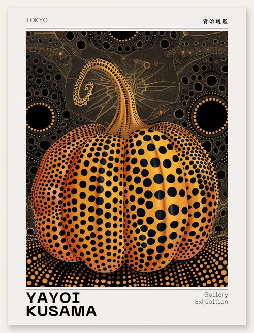 Affiche Citrouille orange à pois Art Japonais, Fond Noir — Yayoi Kusama — vue catalogue