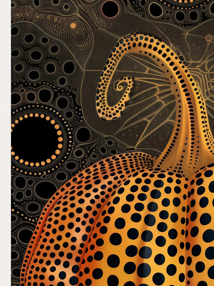 Affiche Citrouille orange à pois Art Japonais, Fond Noir — Yayoi Kusama — détail de l'œuvre