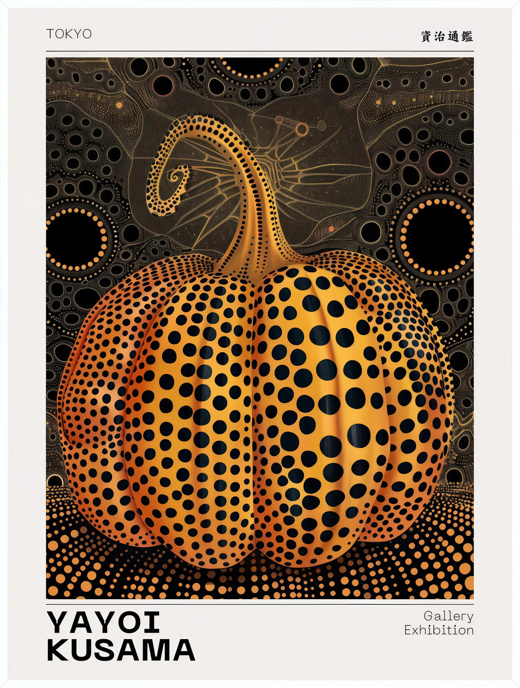 Affiche Citrouille orange à pois Art Japonais, Fond Noir — Yayoi Kusama — encadrement blanc