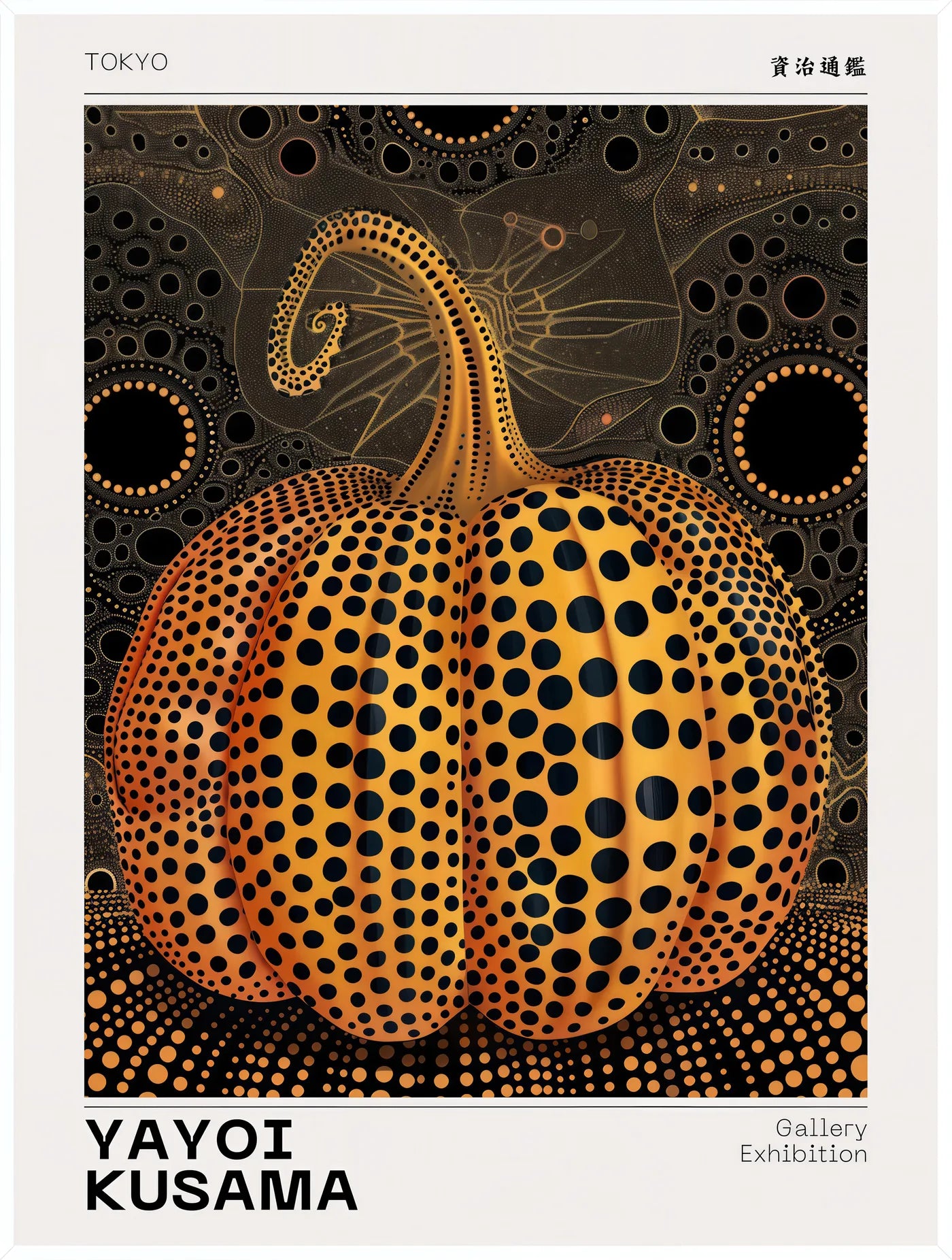 Affiche Citrouille orange à pois Art Japonais, Fond Noir — Yayoi Kusama — encadrement blanc