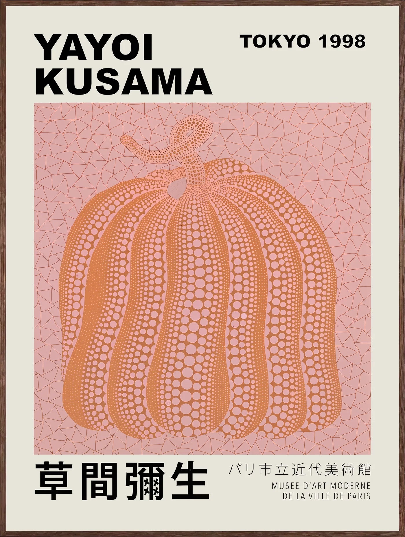 Affiche Citrouille orange à pois Art Japonais, Fond Rose — Yayoi Kusama — encadrement chêne