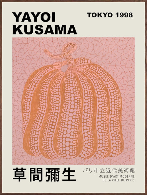 Affiche Citrouille orange à pois Art Japonais, Fond Rose — Yayoi Kusama — encadrement chêne
