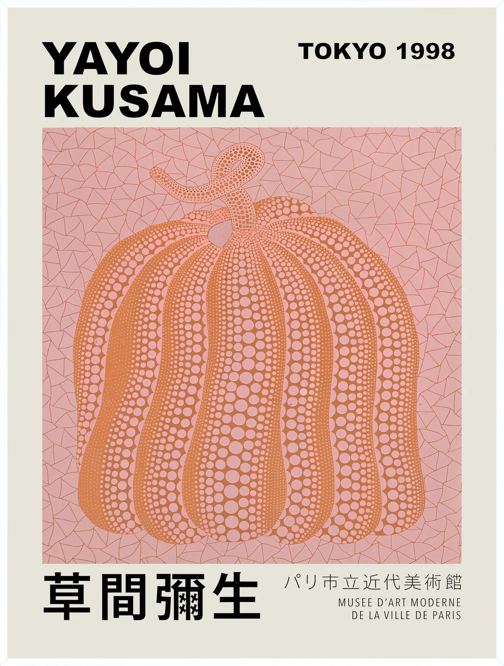 Affiche Citrouille orange à pois Art Japonais, Fond Rose — Yayoi Kusama — encadrement blanc