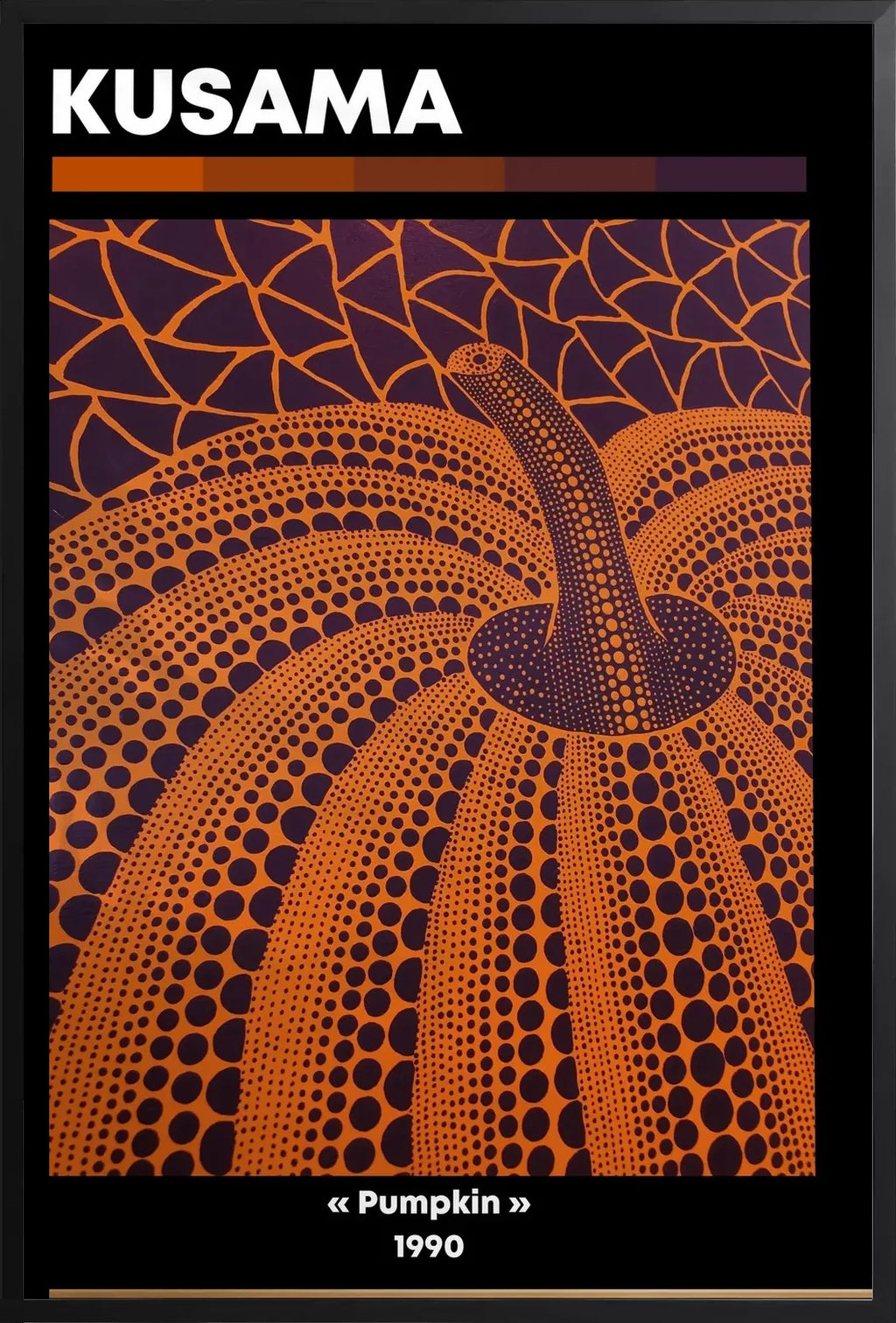 Affiche Citrouille orange à pois Art Japonais, Fond Violet — Yayoi Kusama — encadrement noir