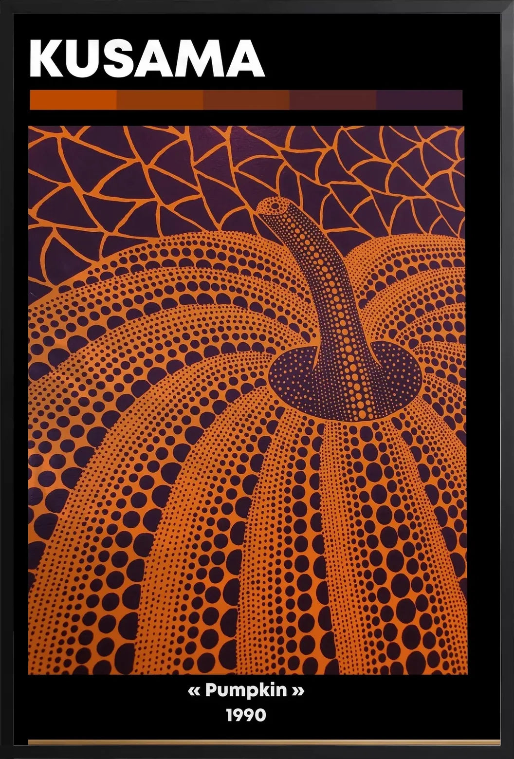 Affiche Citrouille orange à pois Art Japonais, Fond Violet — Yayoi Kusama — encadrement noir