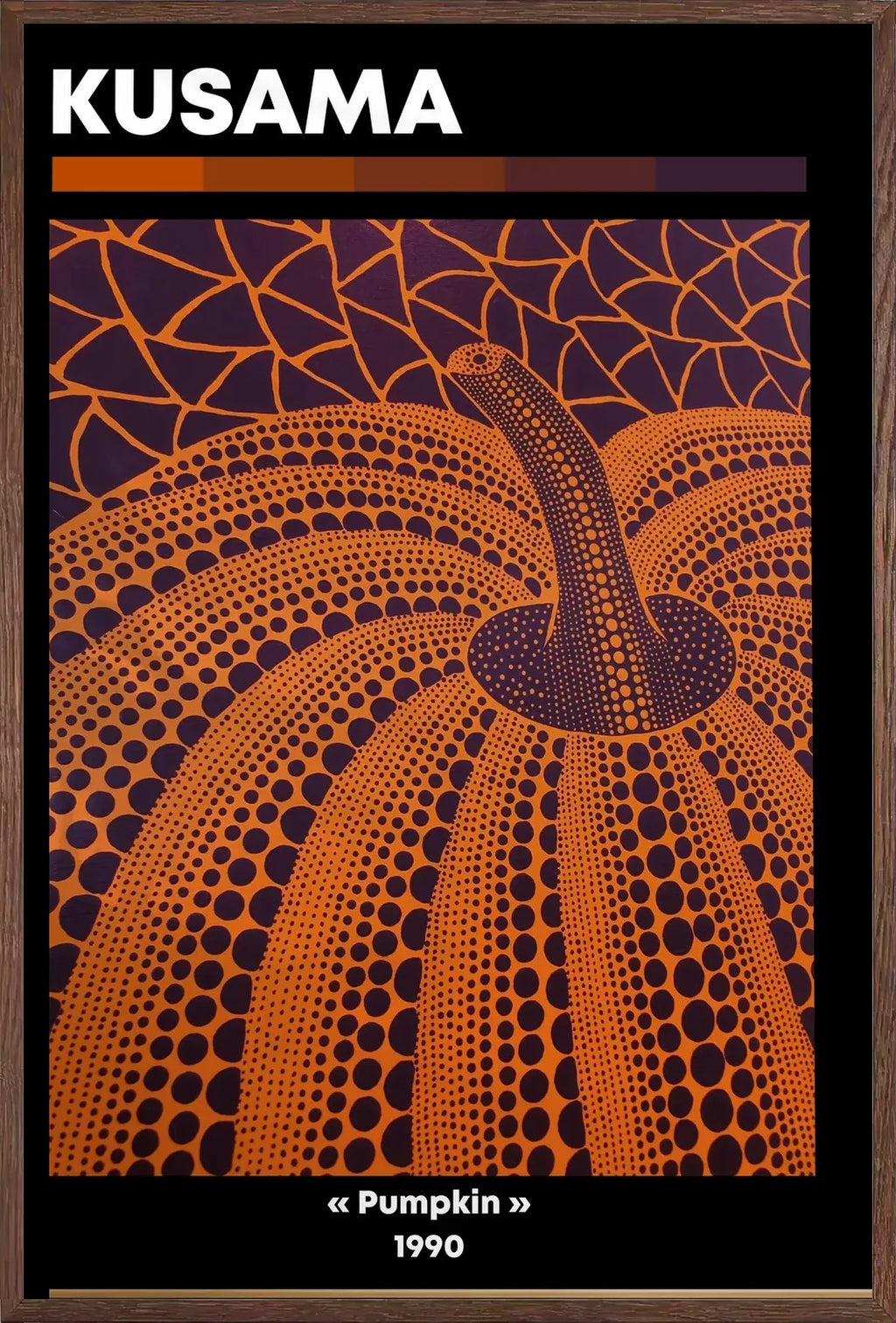 Affiche Citrouille orange à pois Art Japonais, Fond Violet — Yayoi Kusama — encadrement chêne