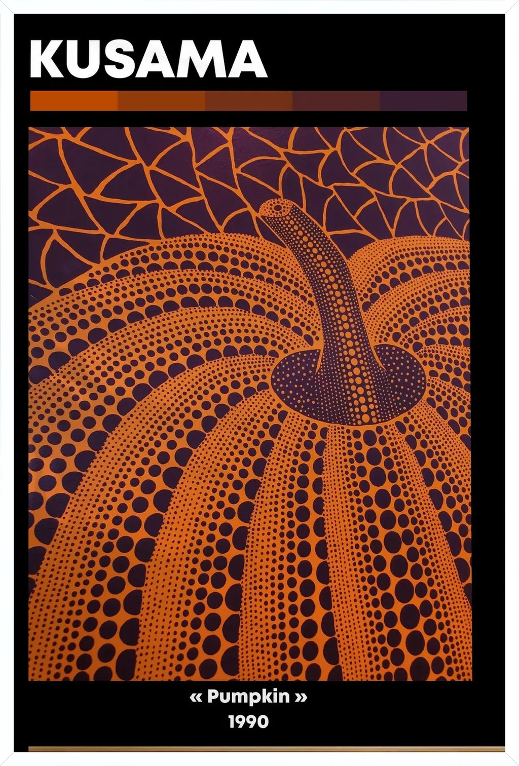 Affiche Citrouille orange à pois Art Japonais, Fond Violet — Yayoi Kusama — encadrement blanc