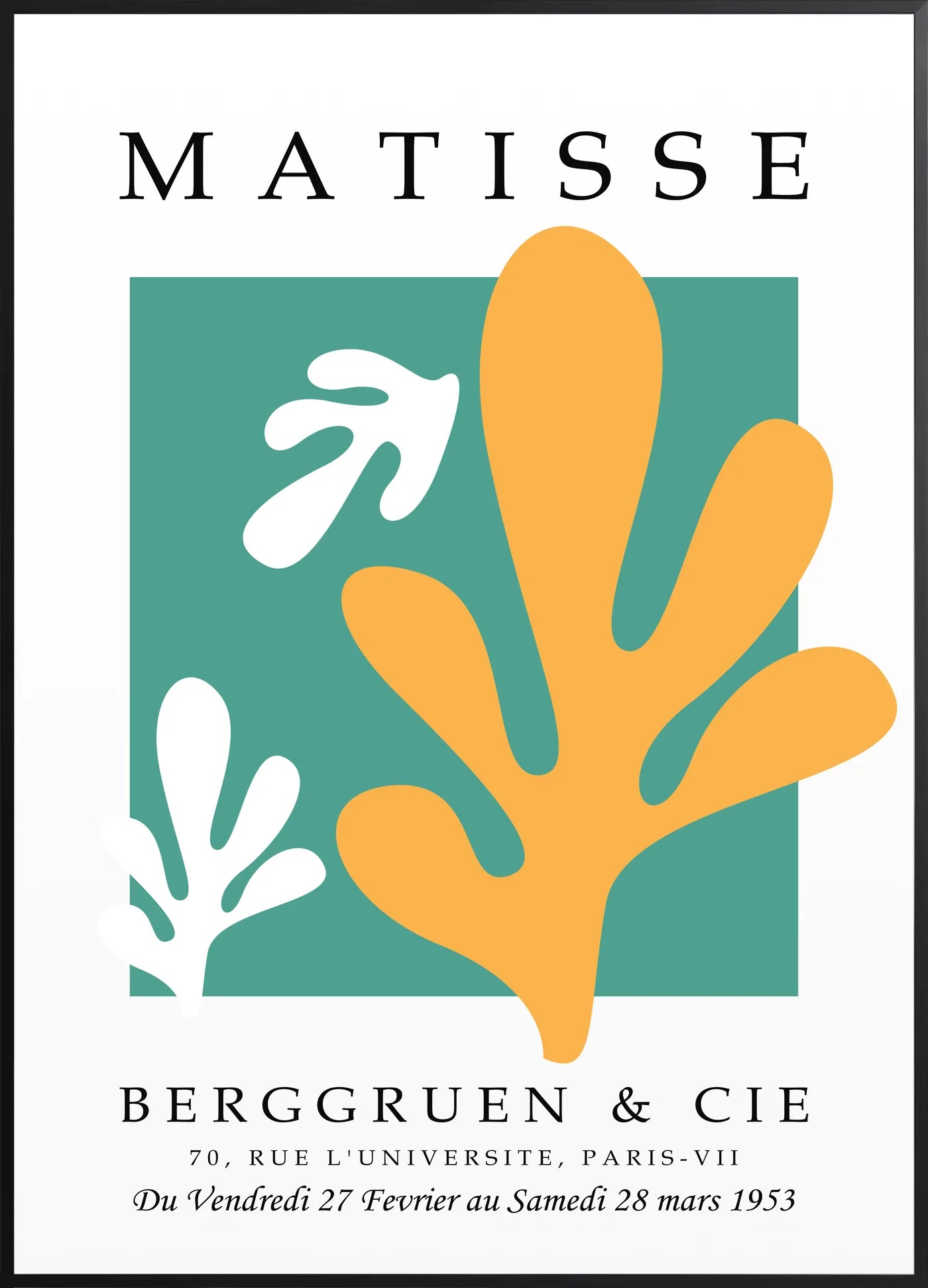 Affiche Corail Jaune sur Vert Papiers Decoupes — Henri Matisse — encadrement noir