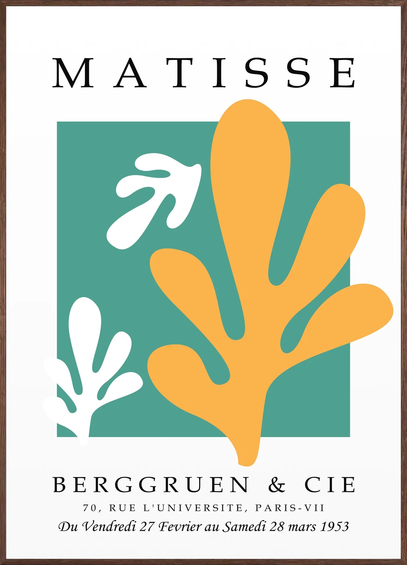 Affiche Corail Jaune sur Vert Papiers Decoupes — Henri Matisse — encadrement chêne