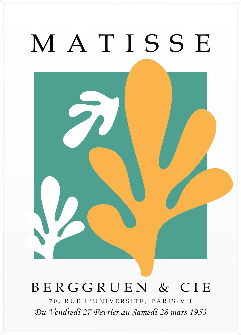 Affiche Corail Jaune sur Vert Papiers Decoupes — Henri Matisse — encadrement blanc