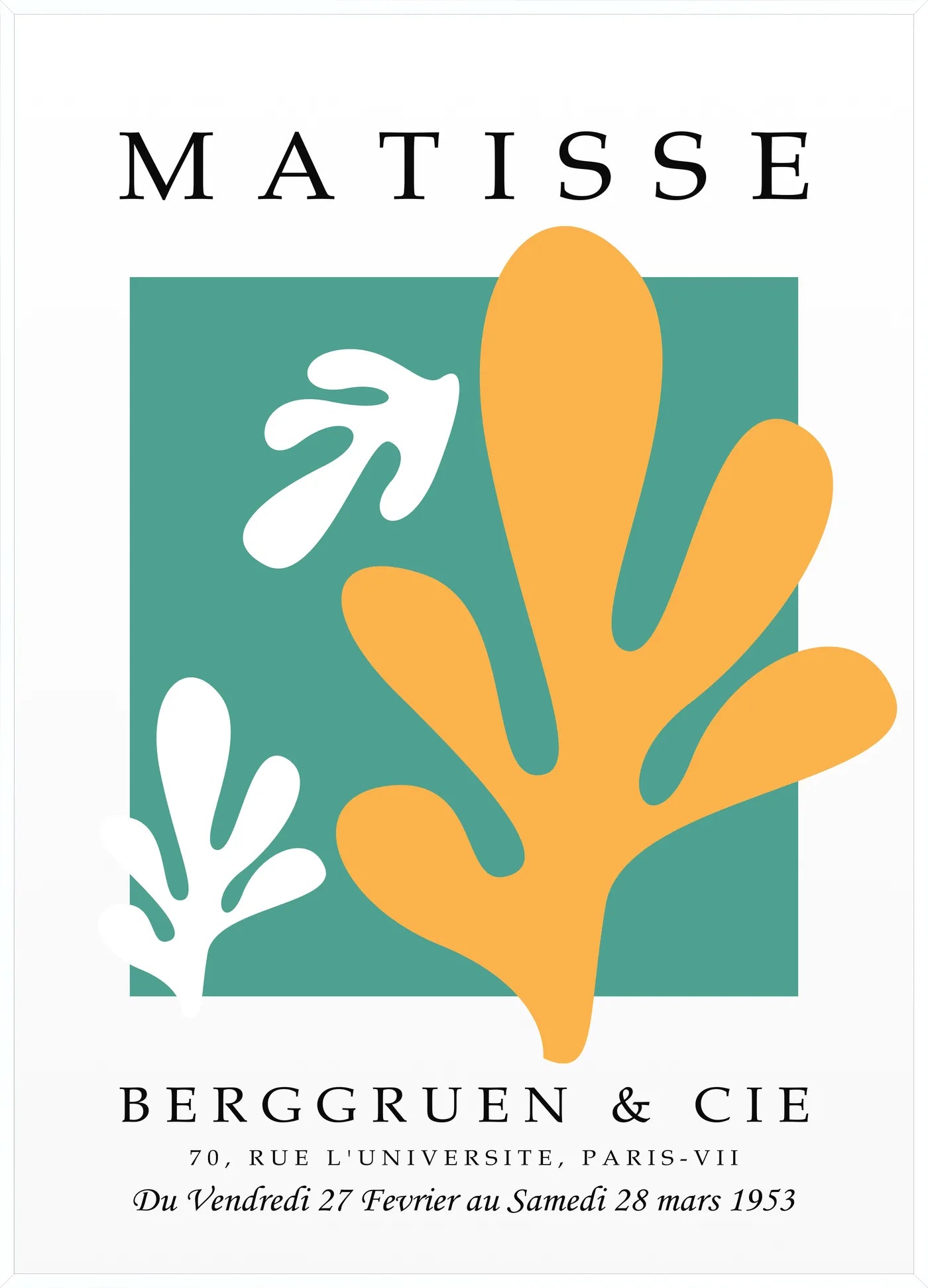 Affiche Corail Jaune sur Vert Papiers Decoupes — Henri Matisse — encadrement blanc