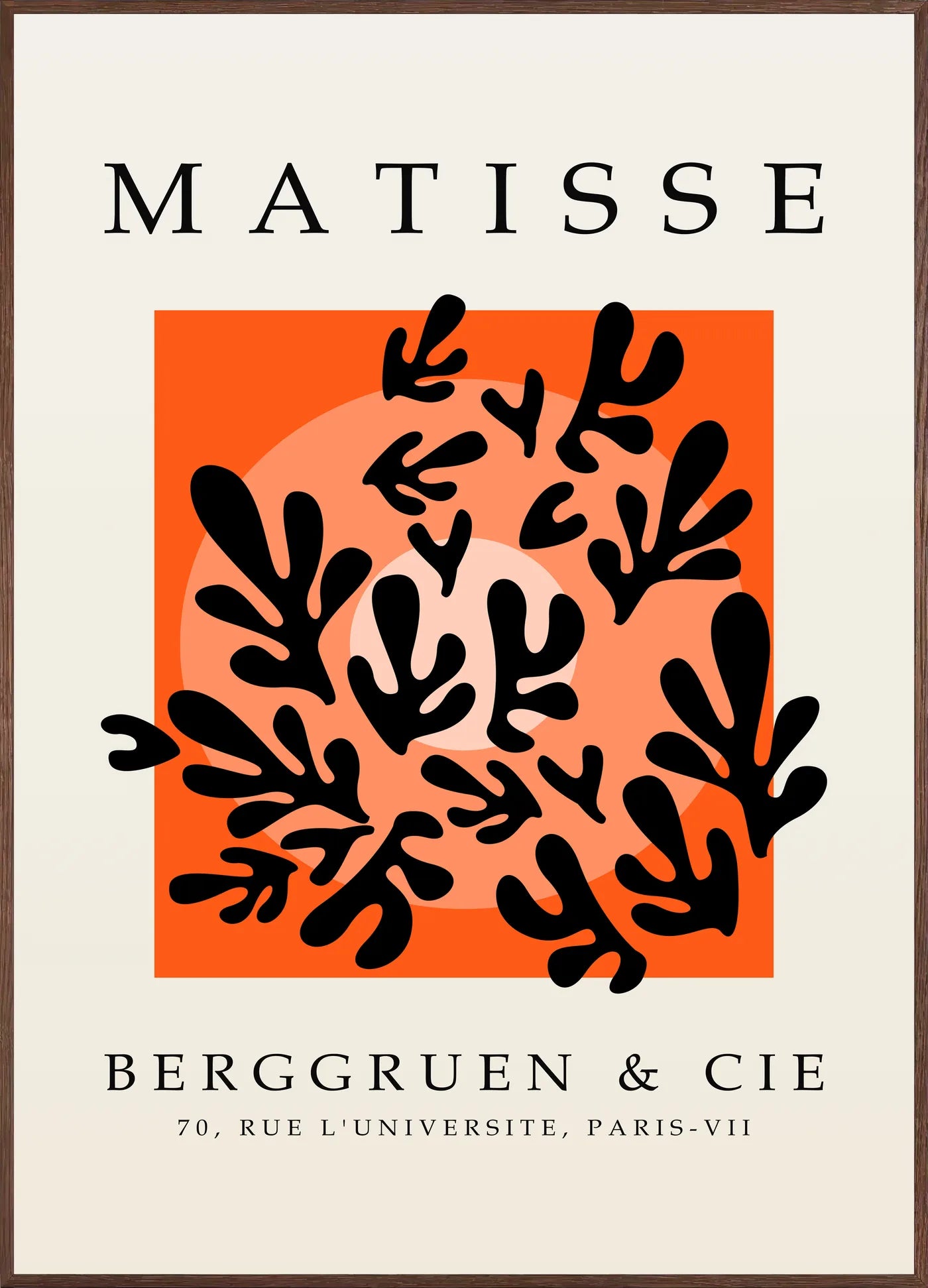 Affiche Corail Noir sur Orange Papiers Decoupes — Henri Matisse — encadrement chêne