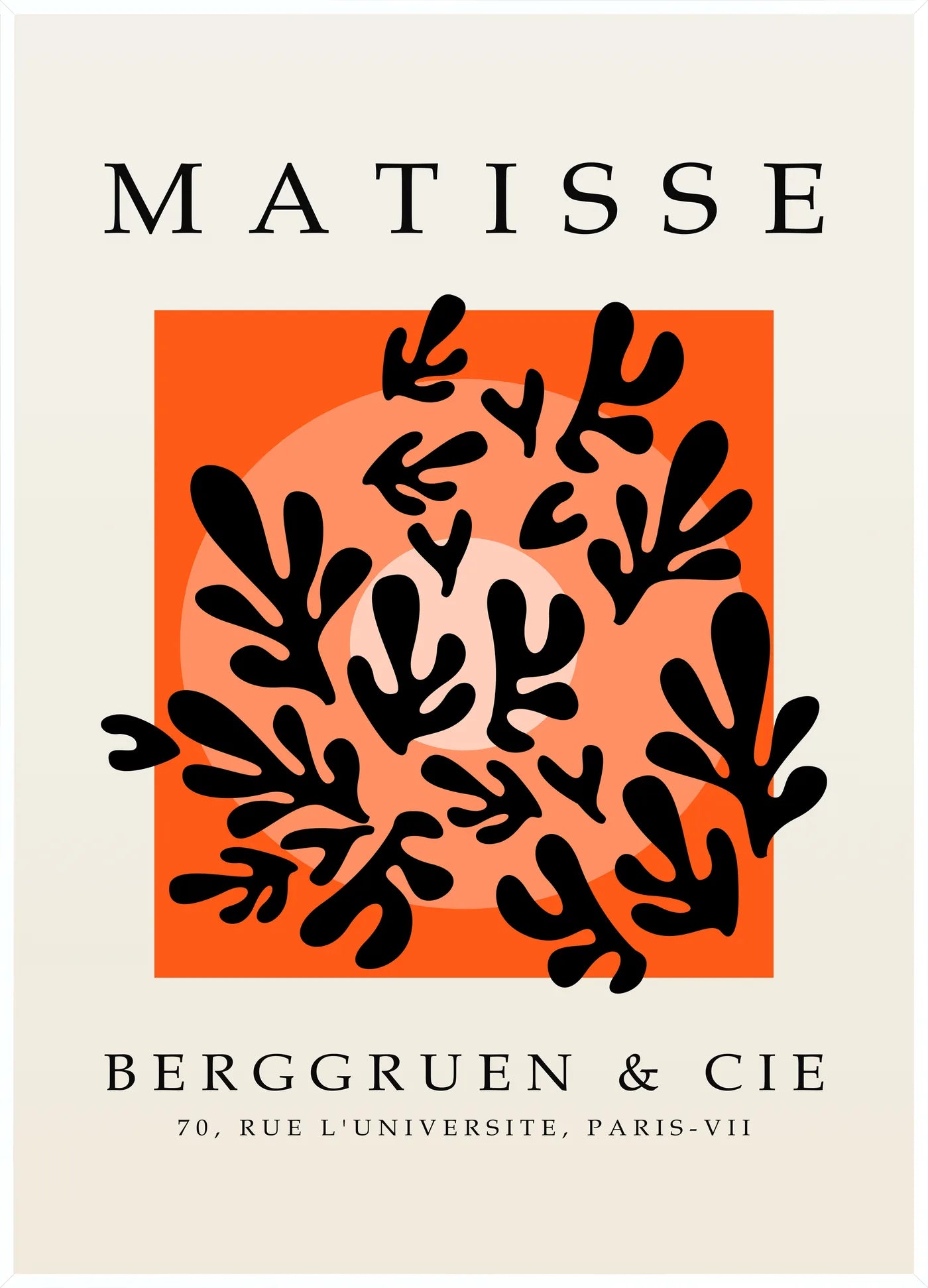 Affiche Corail Noir sur Orange Papiers Decoupes — Henri Matisse — encadrement blanc