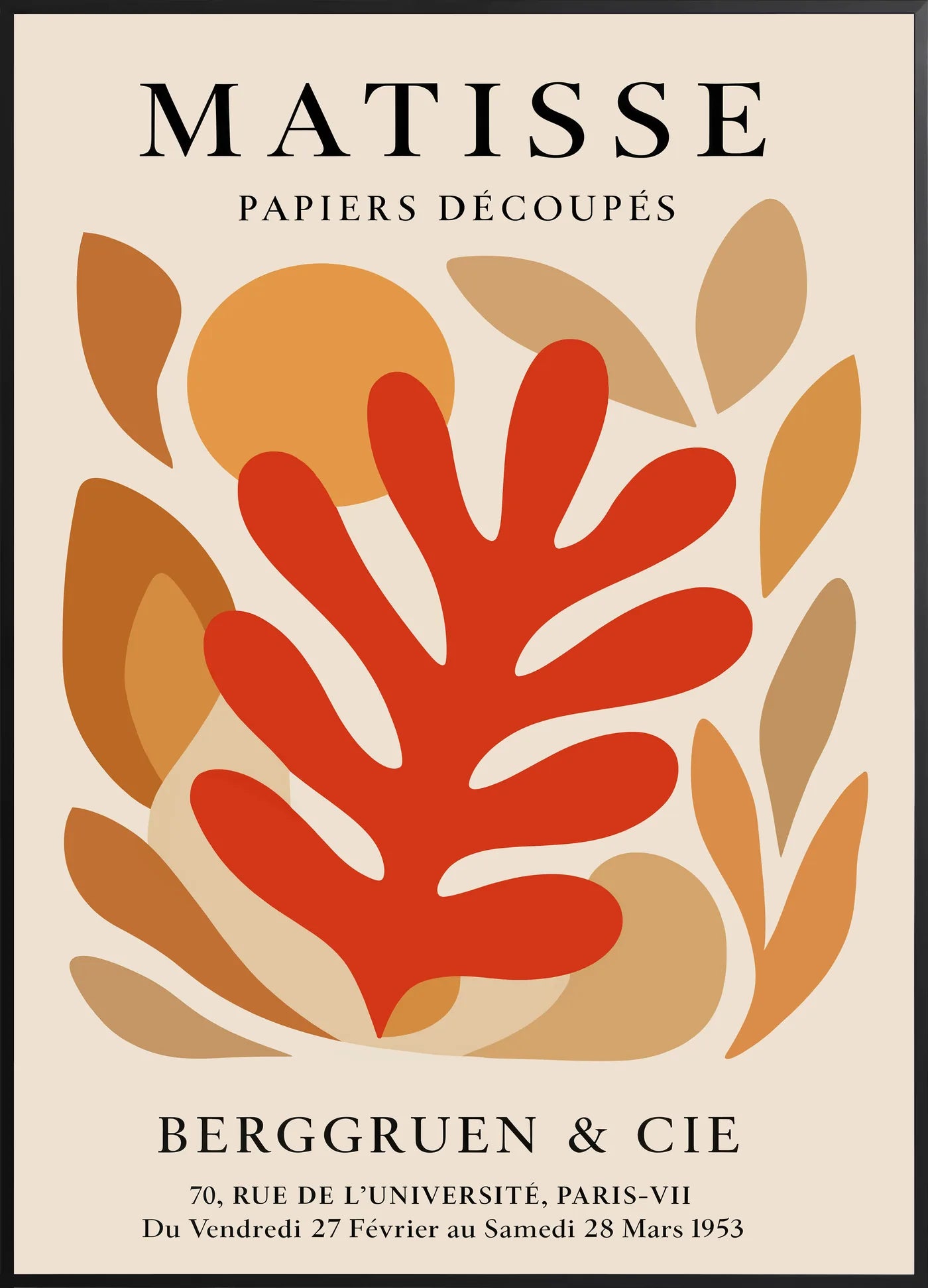 Affiche Corail Rouge Tons Automne Papiers Decoupes — Henri Matisse — encadrement noir