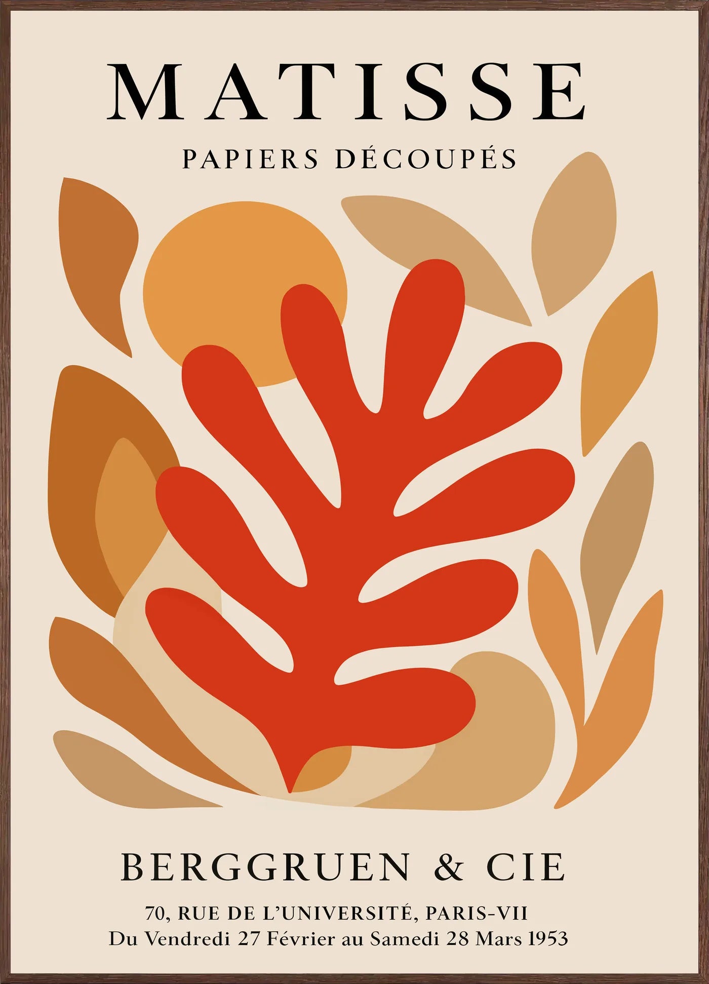 Affiche Corail Rouge Tons Automne Papiers Decoupes — Henri Matisse — encadrement chêne