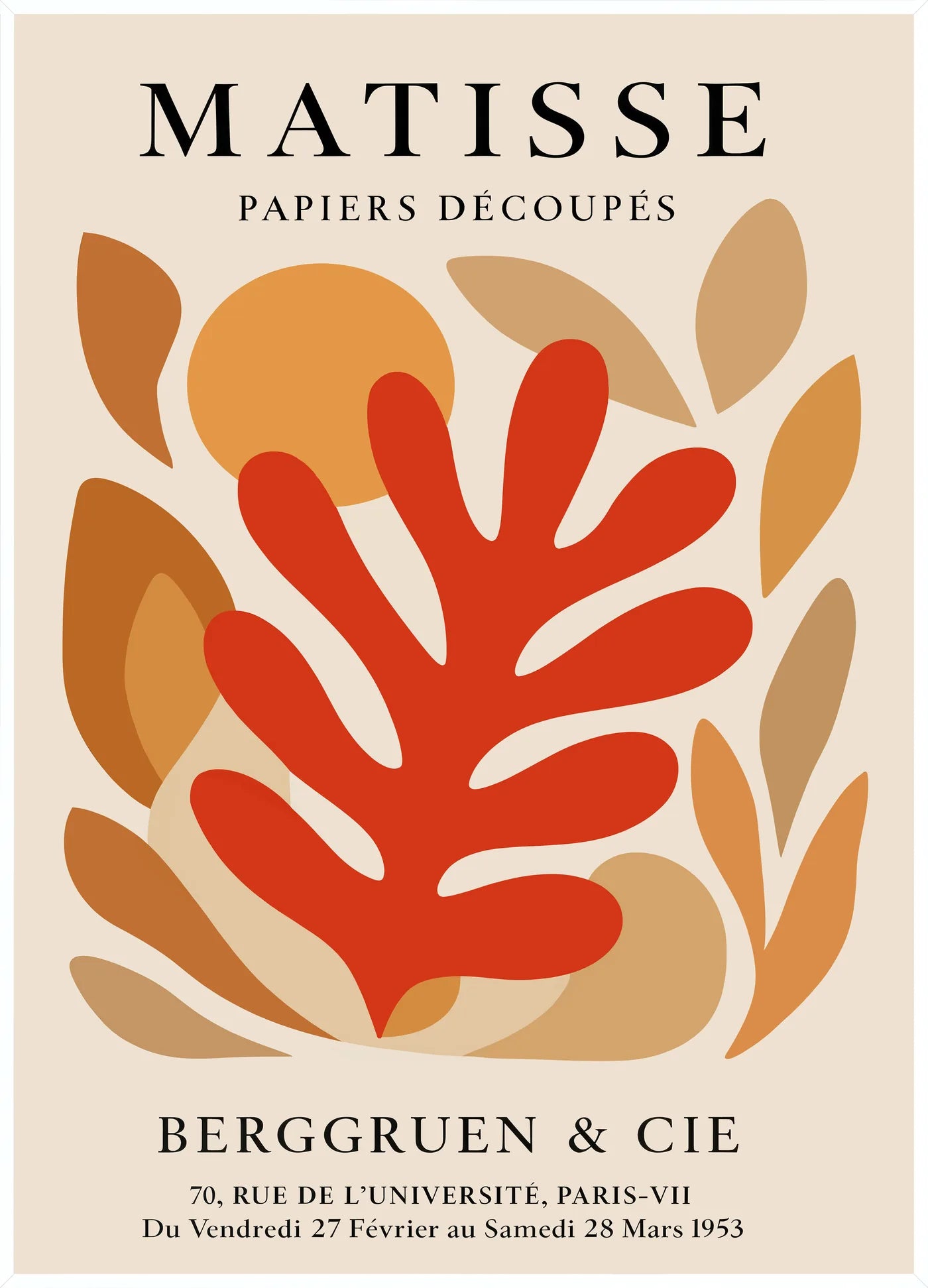 Affiche Corail Rouge Tons Automne Papiers Decoupes — Henri Matisse — encadrement blanc