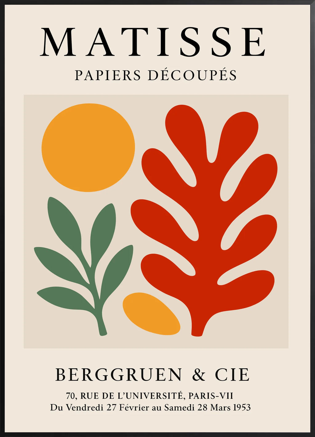 Affiche Disque Branche et Corail Rouge Papiers Decoupes — Henri Matisse — encadrement noir
