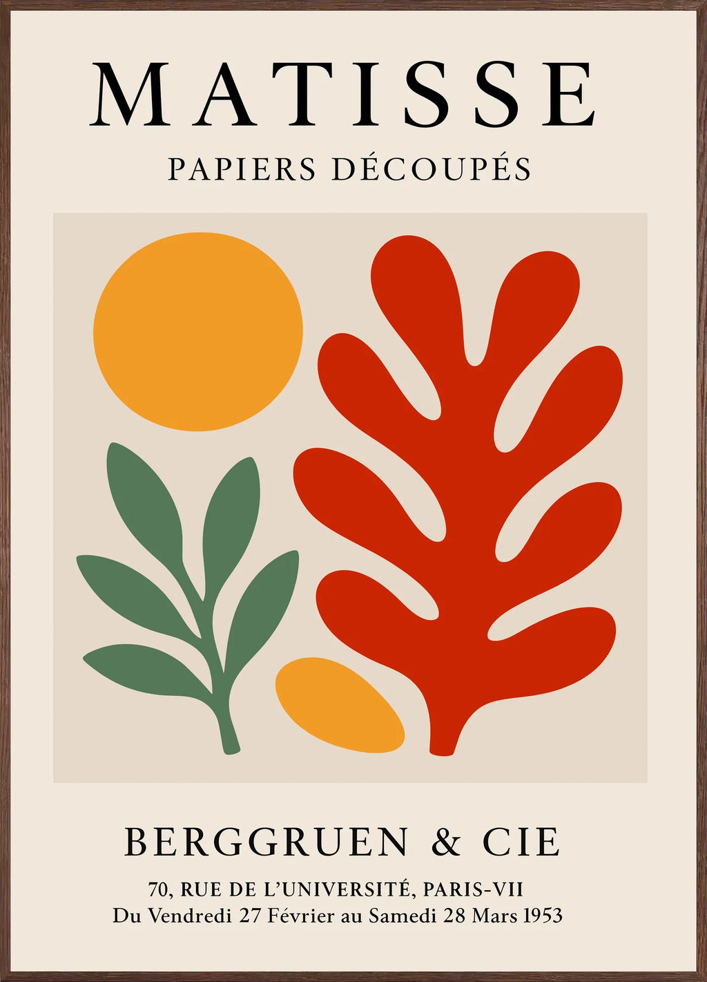 Affiche Disque Branche et Corail Rouge Papiers Decoupes — Henri Matisse — encadrement chêne