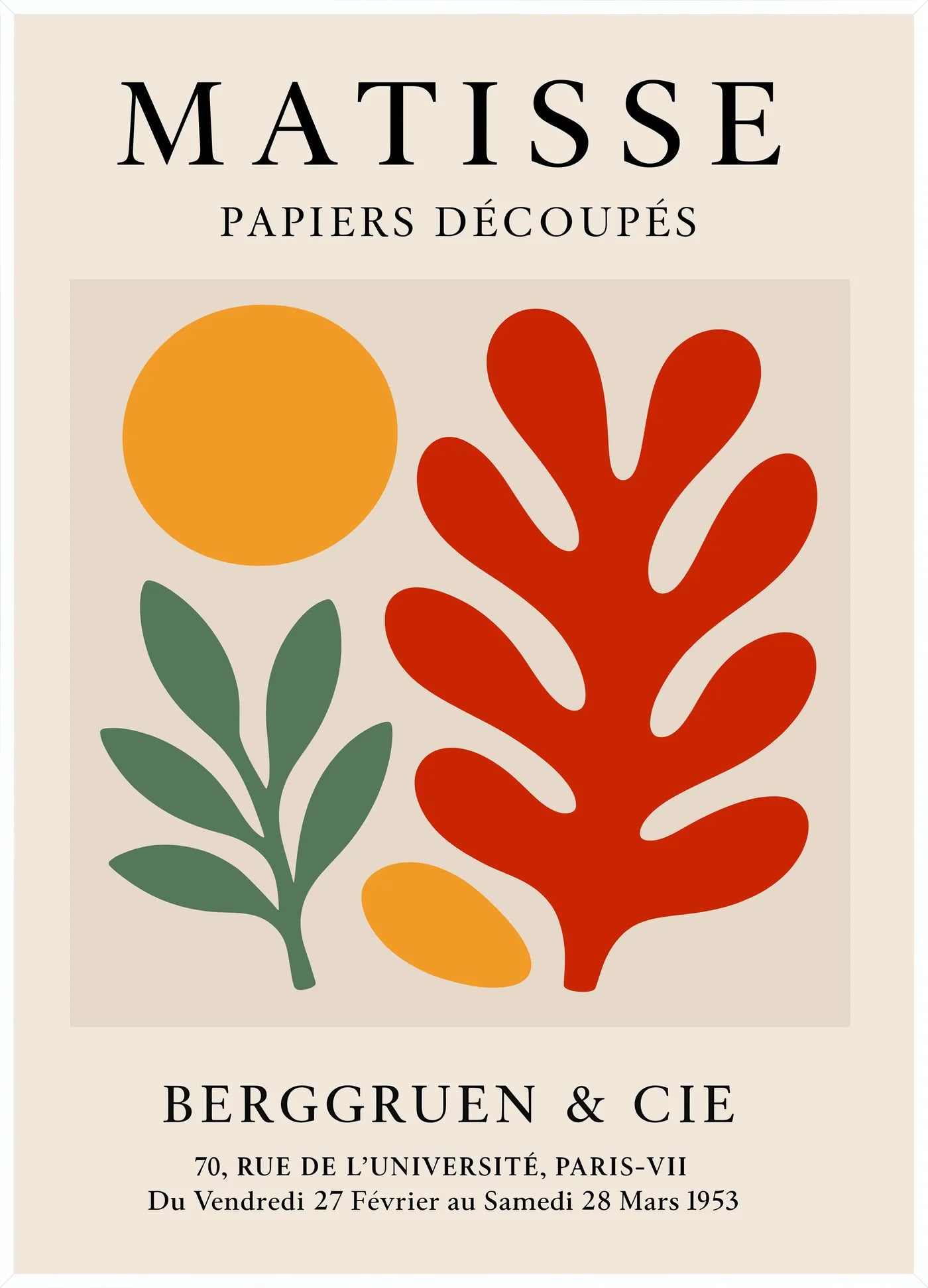 Affiche Disque Branche et Corail Rouge Papiers Decoupes — Henri Matisse — encadrement blanc