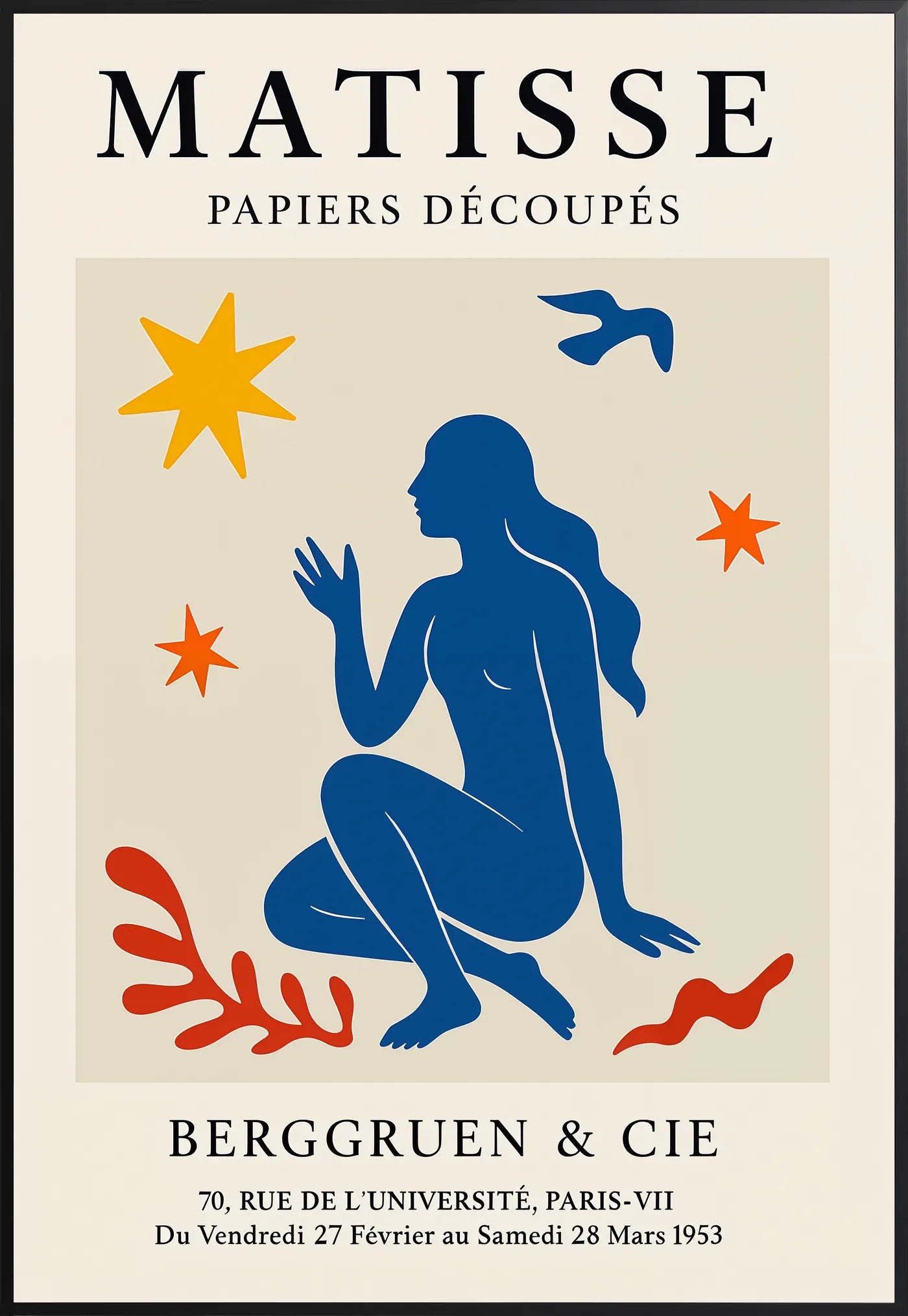 Affiche Femme Bleue et Etoiles Papiers Decoupes, Oiseau — Henri Matisse — encadrement noir