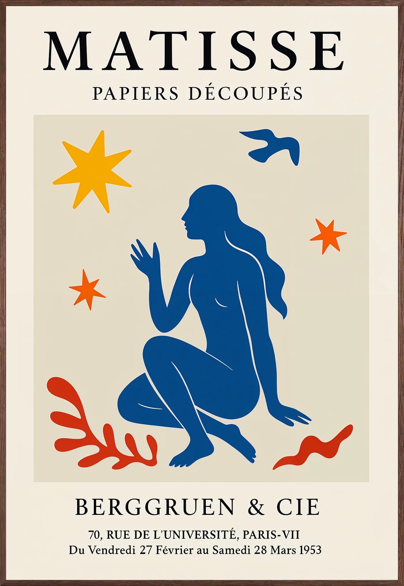 Affiche Femme Bleue et Etoiles Papiers Decoupes, Oiseau — Henri Matisse — encadrement chêne