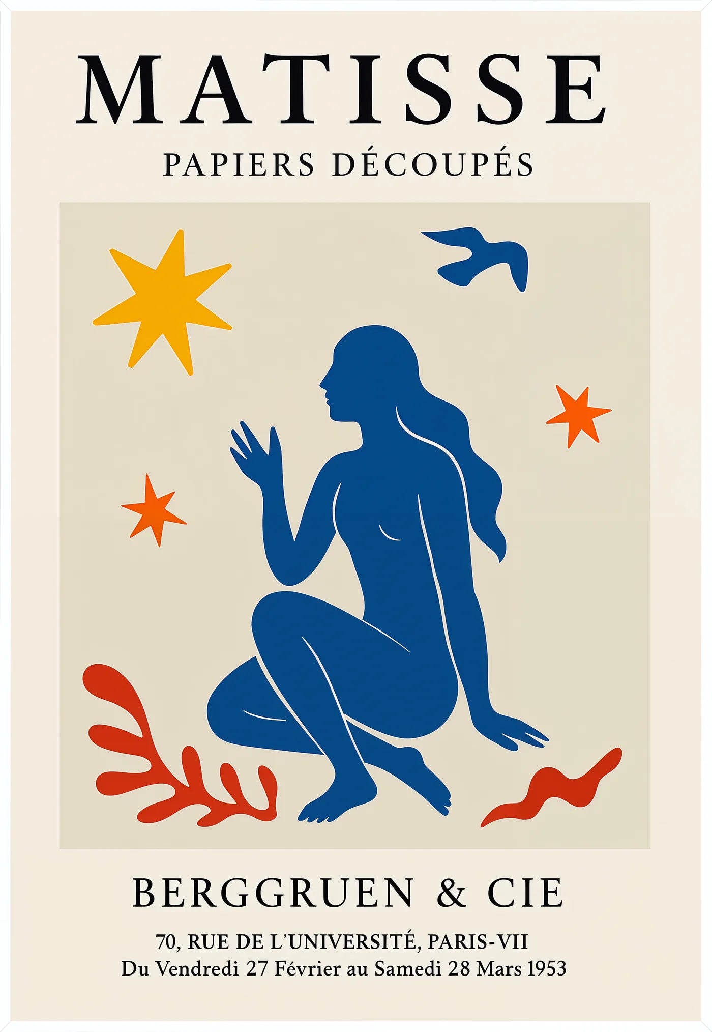 Affiche Femme Bleue et Etoiles Papiers Decoupes, Oiseau — Henri Matisse — encadrement blanc
