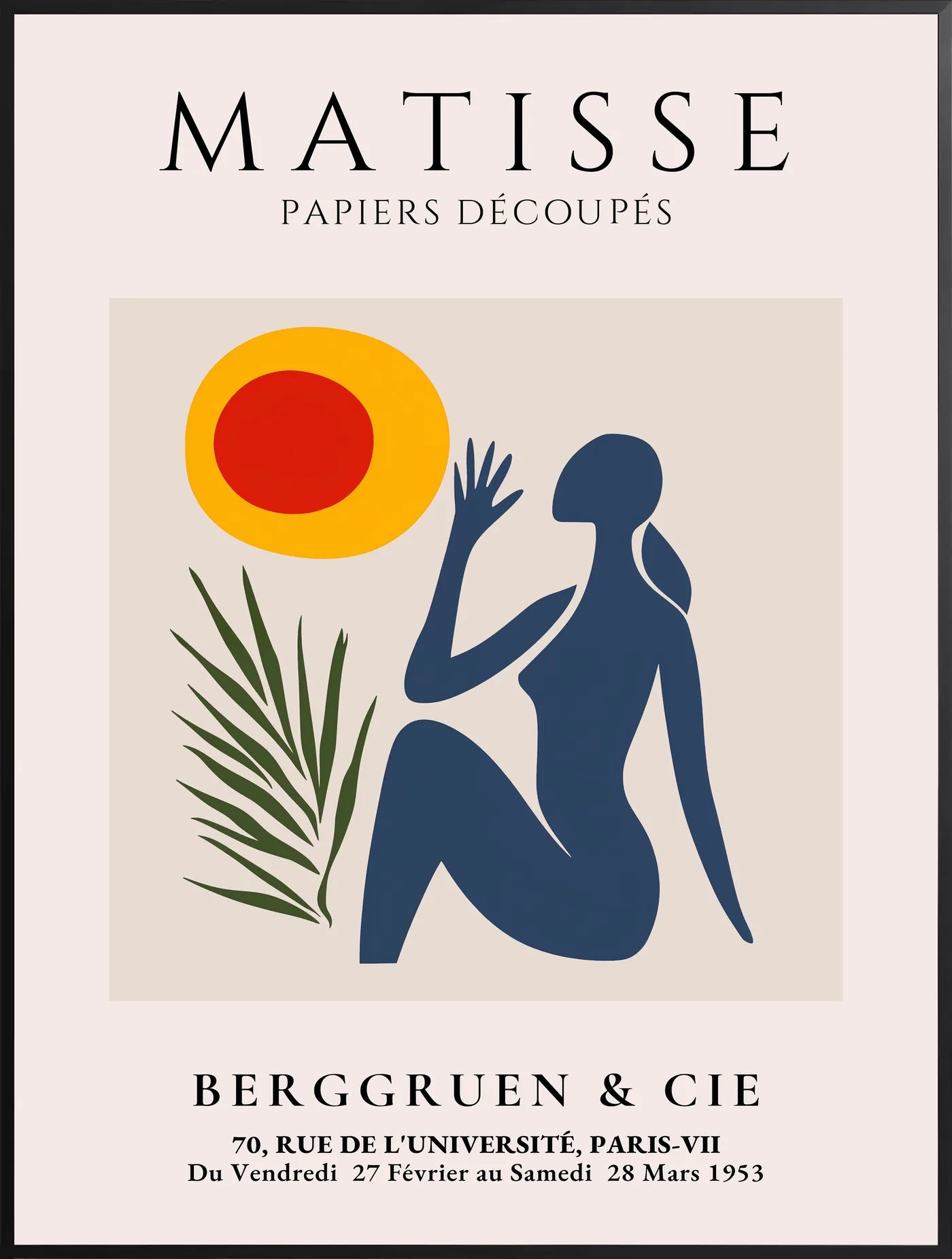 Affiche Femme et Soleil Papiers Decoupes — Henri Matisse — encadrement noir