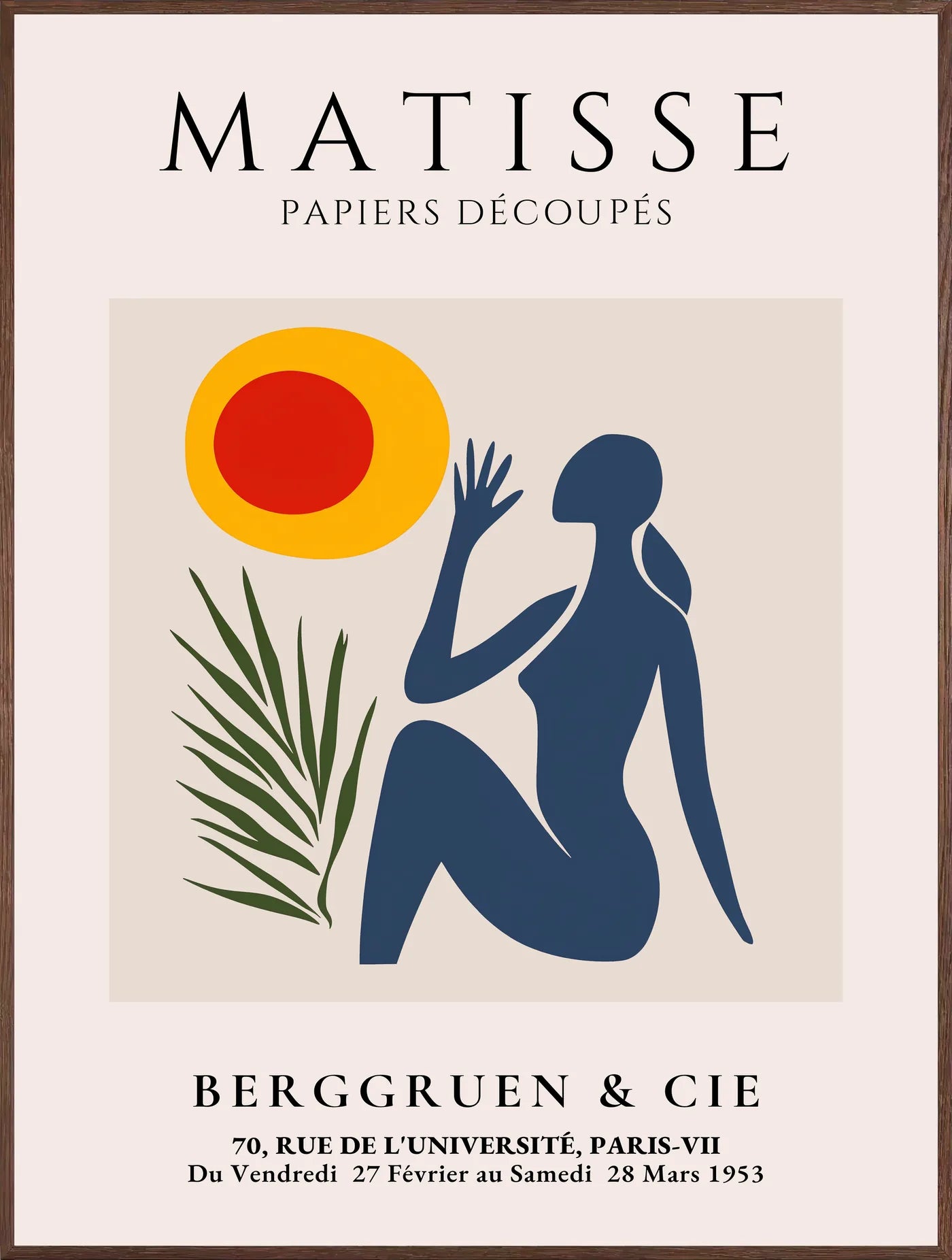 Affiche Femme et Soleil Papiers Decoupes — Henri Matisse — encadrement chêne