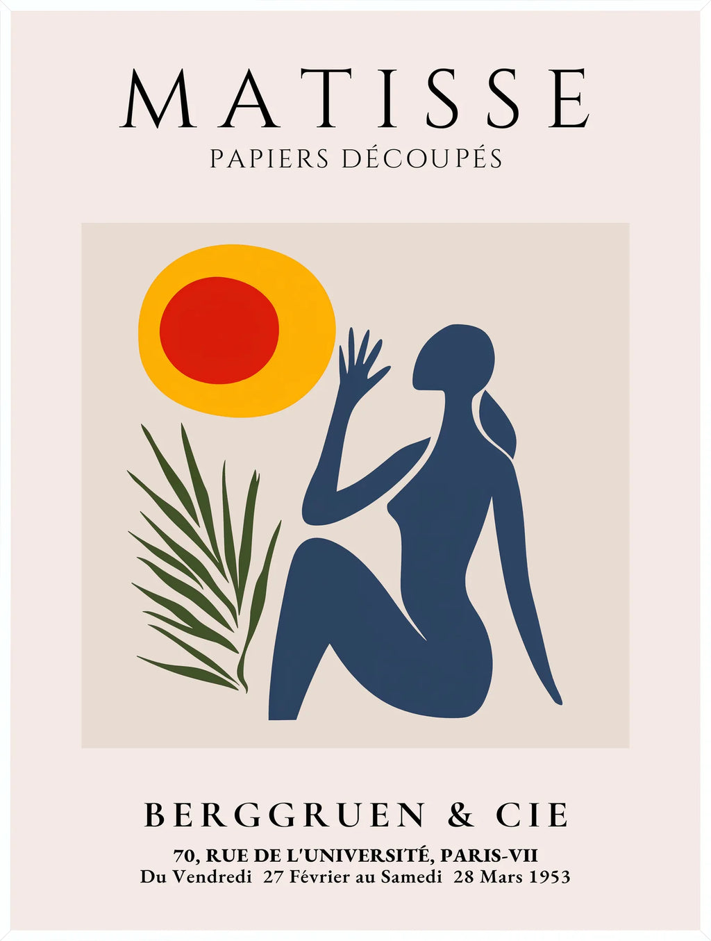 Affiche Femme et Soleil Papiers Decoupes — Henri Matisse — encadrement blanc
