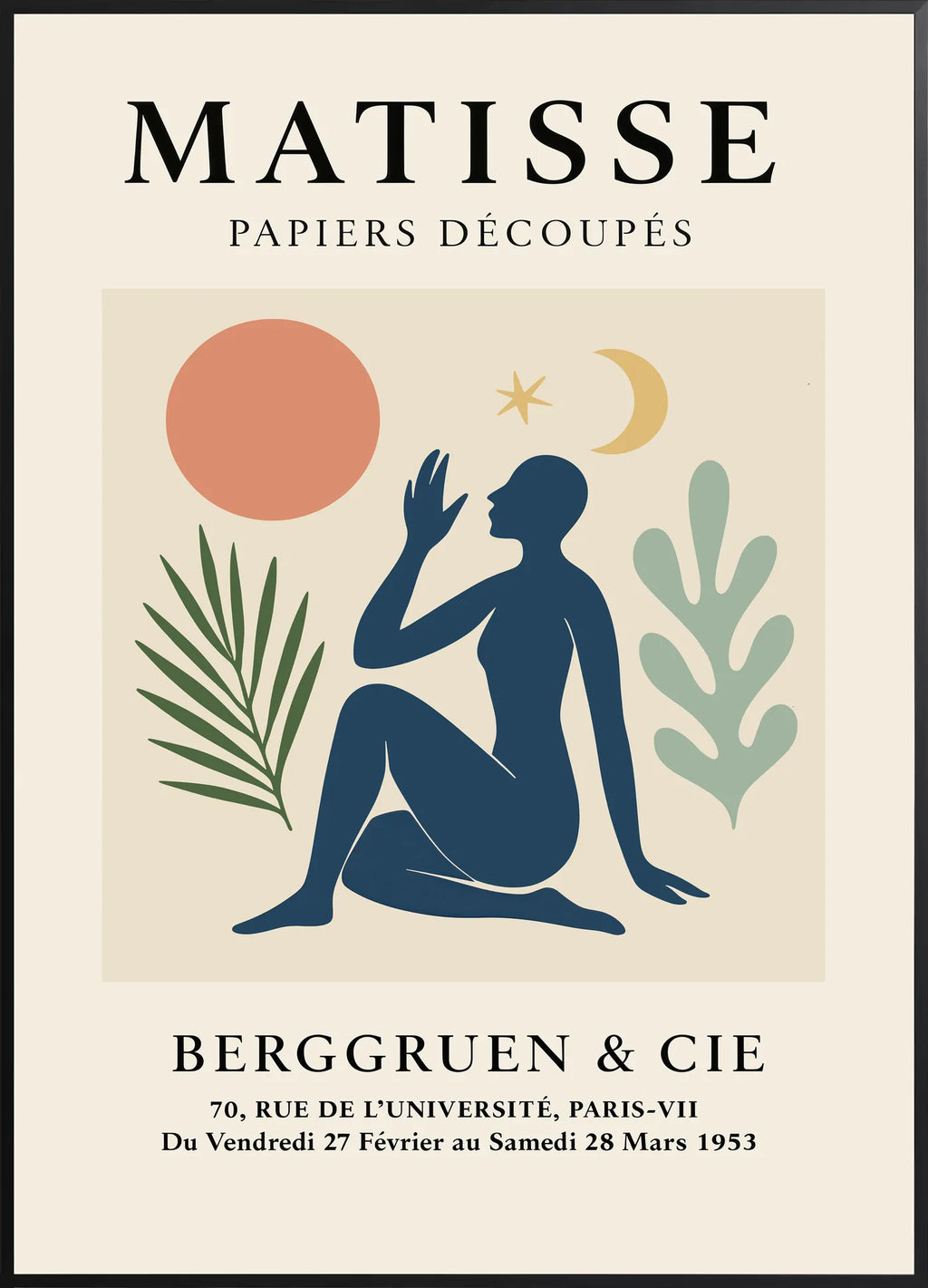 Affiche Femme Lune et Etoile Papiers Decoupes — Henri Matisse — encadrement noir