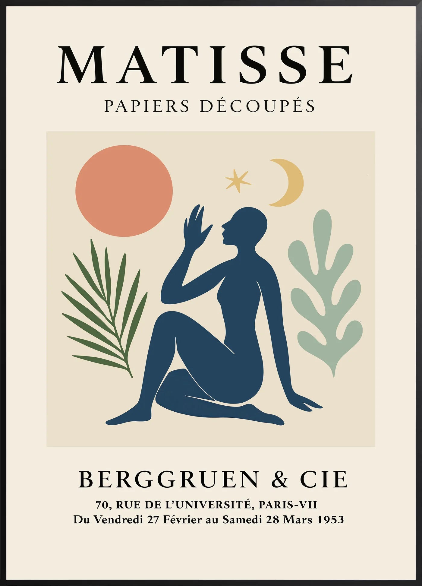 Affiche Femme Lune et Etoile Papiers Decoupes — Henri Matisse — encadrement noir