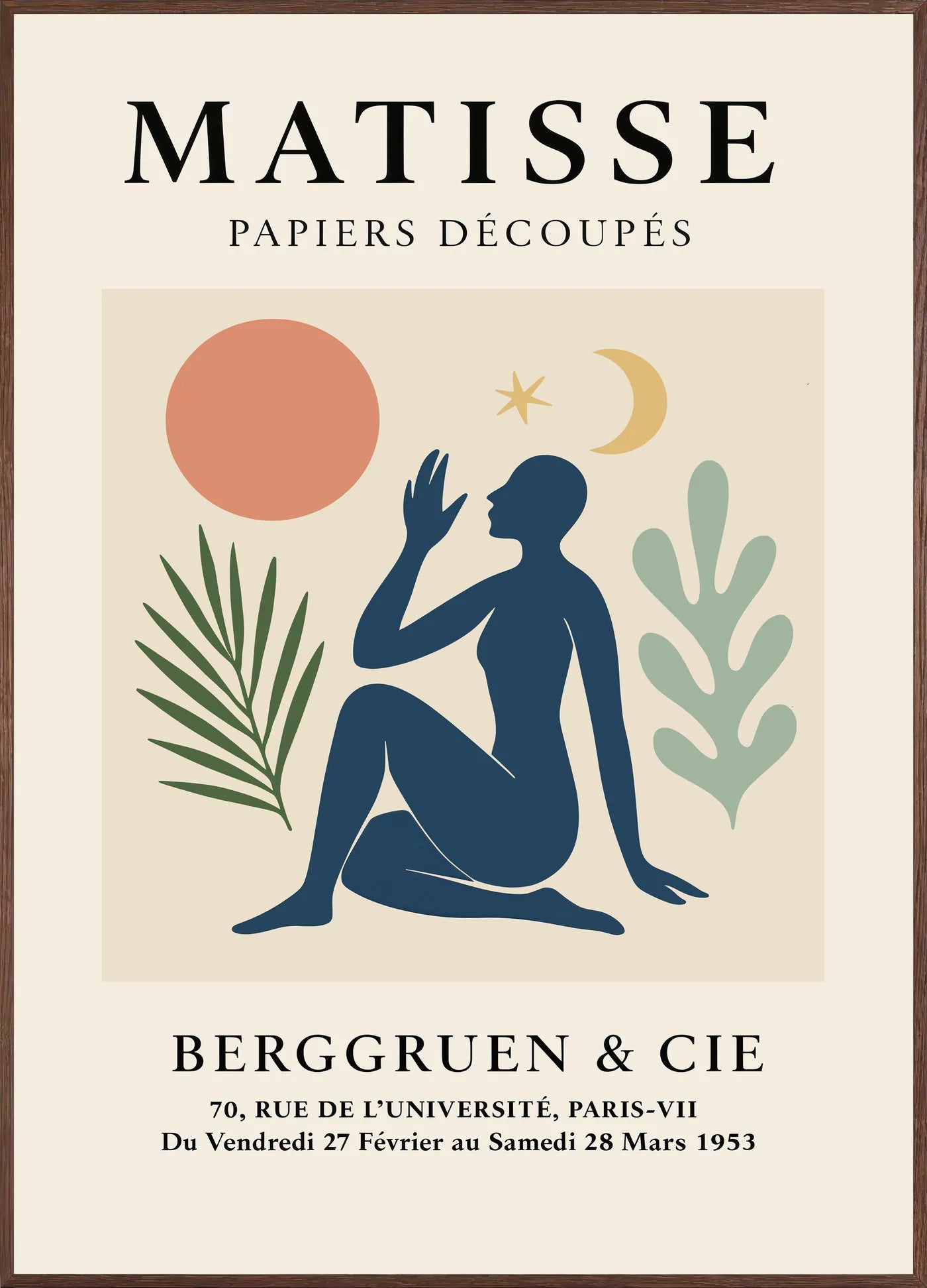 Affiche Femme Lune et Etoile Papiers Decoupes — Henri Matisse — encadrement chêne