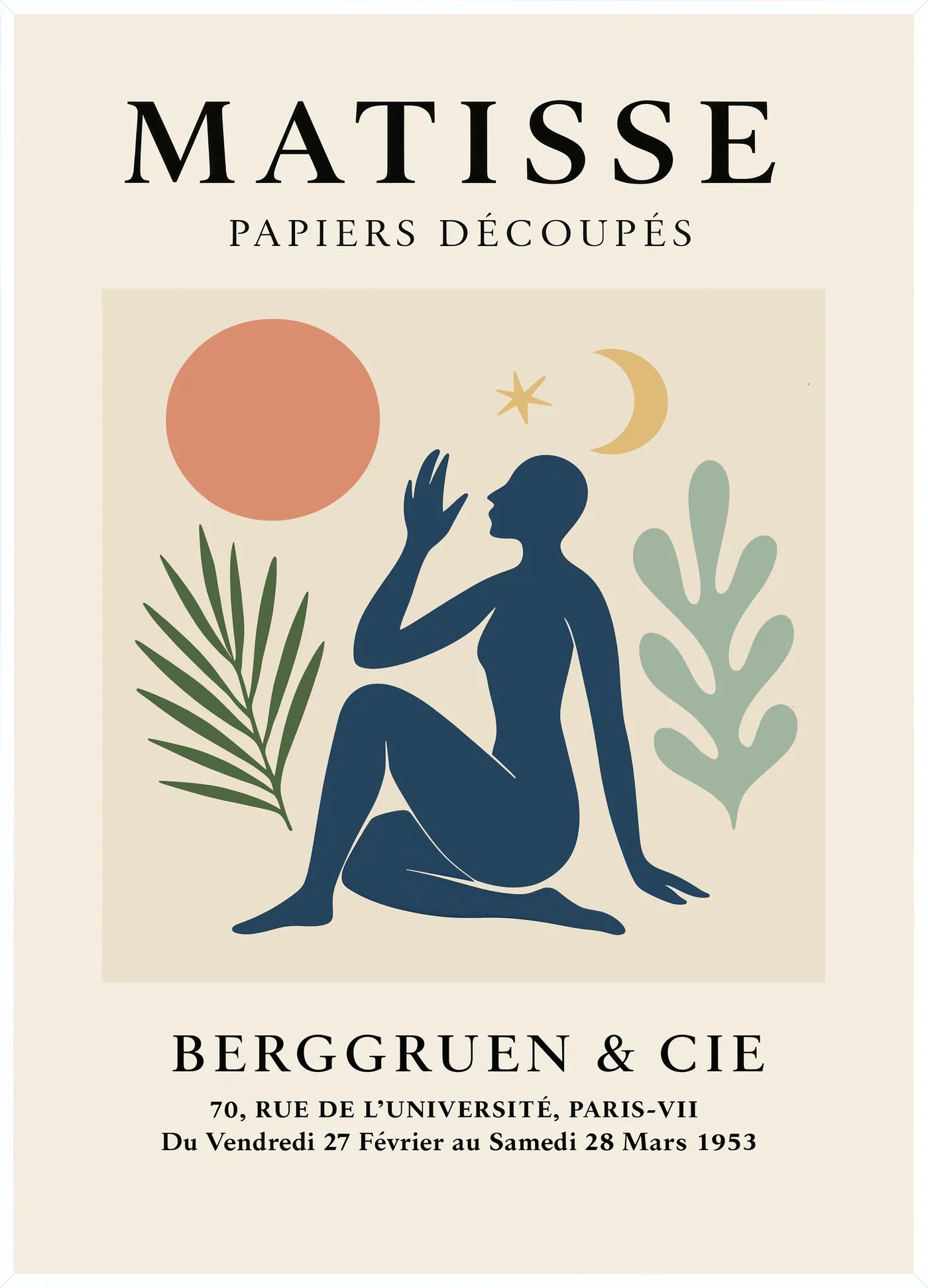 Affiche Femme Lune et Etoile Papiers Decoupes — Henri Matisse — encadrement blanc