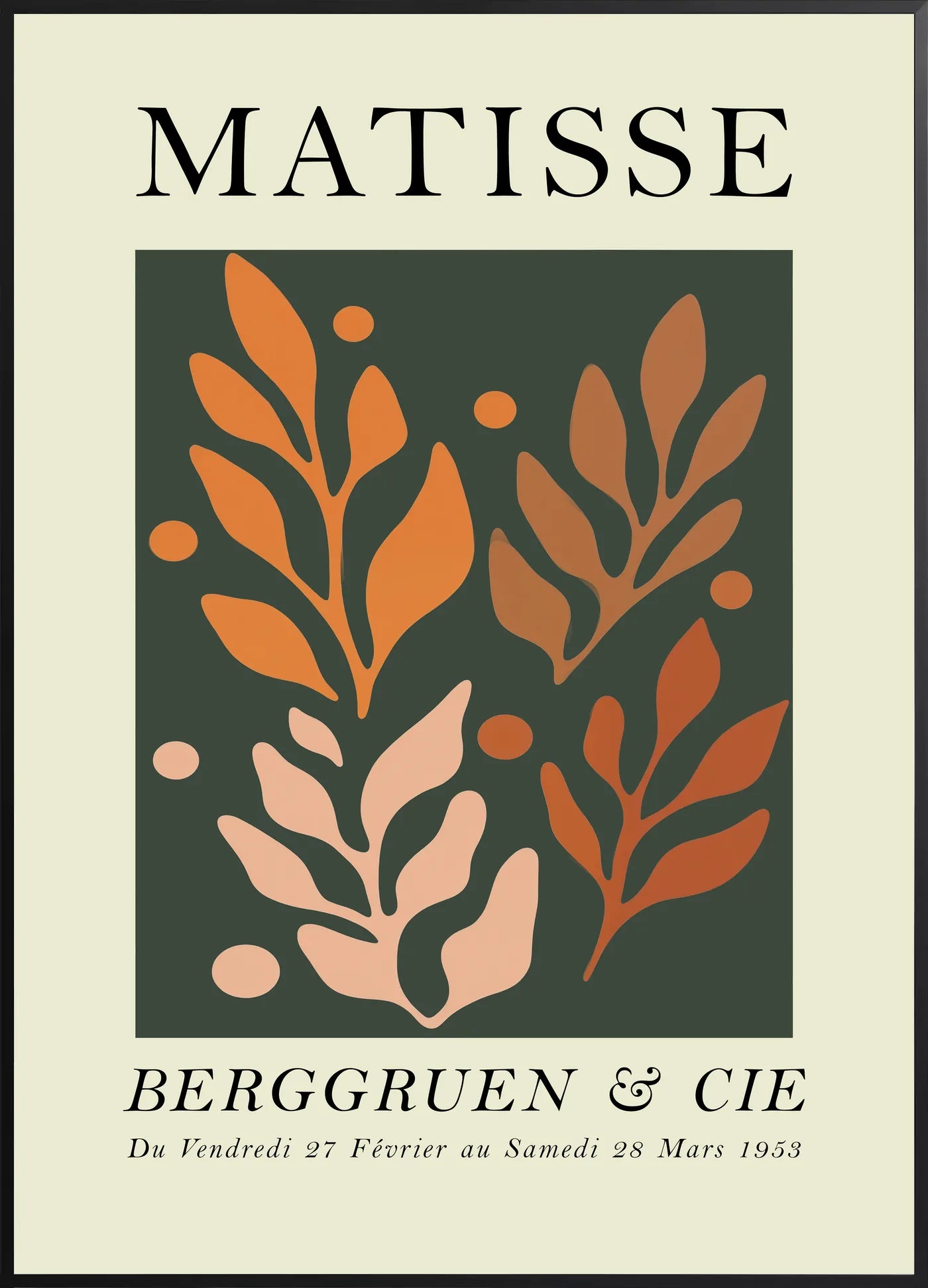 Affiche Feuillages Orange sur Vert Papiers Decoupes — Henri Matisse — encadrement noir