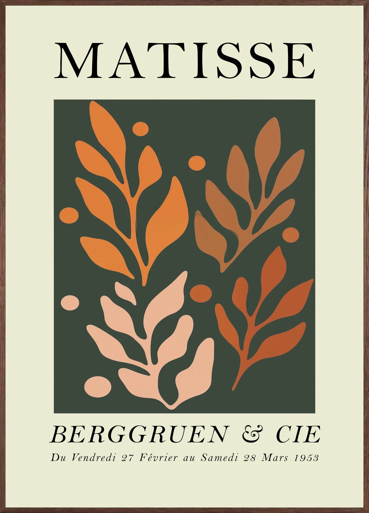 Affiche Feuillages Orange sur Vert Papiers Decoupes — Henri Matisse — encadrement chêne