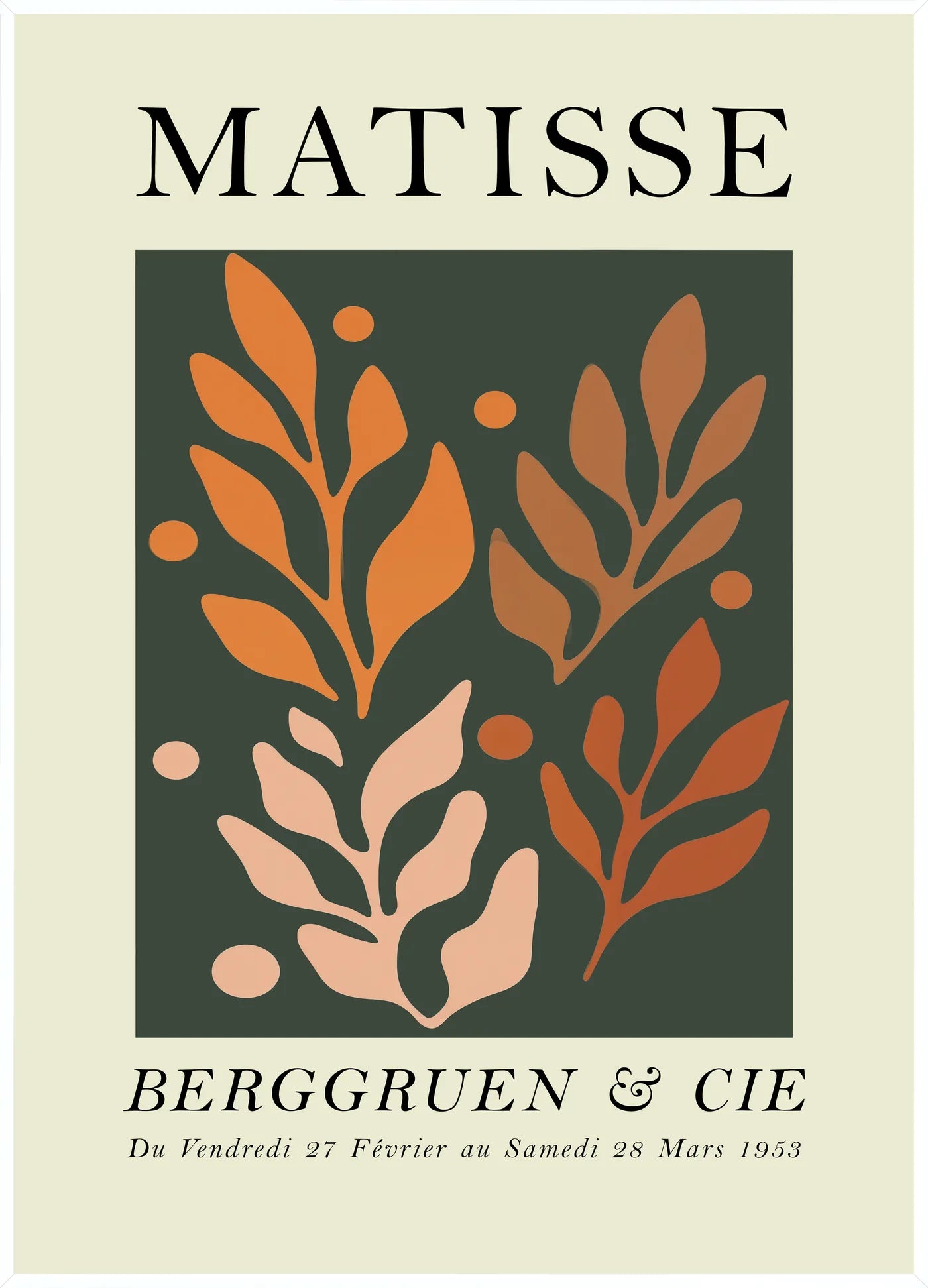 Affiche Feuillages Orange sur Vert Papiers Decoupes — Henri Matisse — encadrement blanc