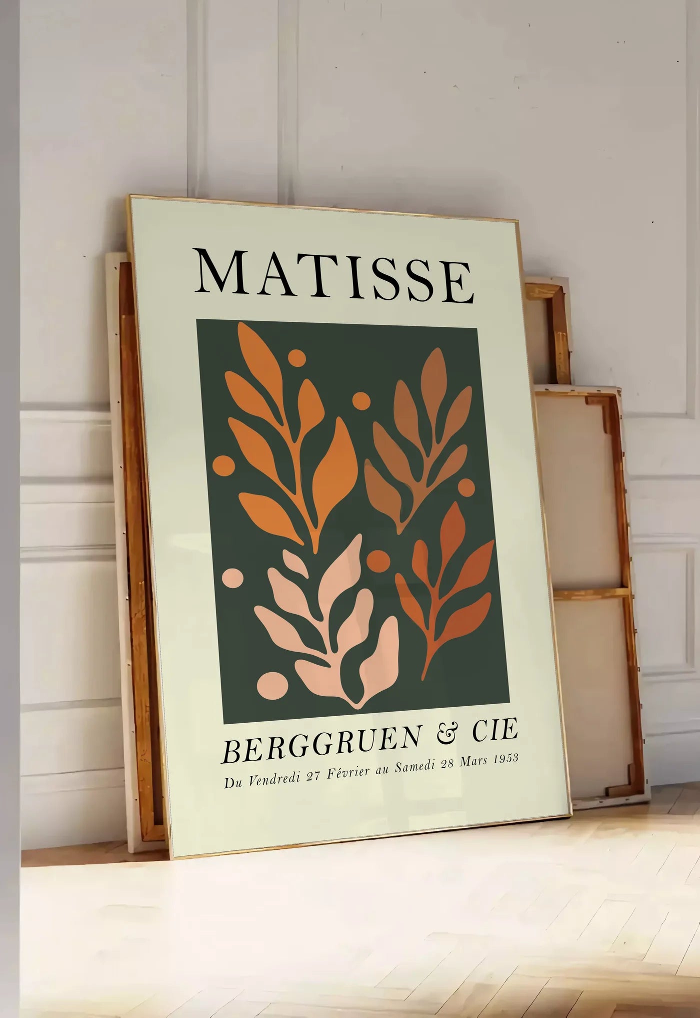 Affiche Feuillages Orange sur Vert Papiers Decoupes — Henri Matisse — mise en situation dans une entrée
