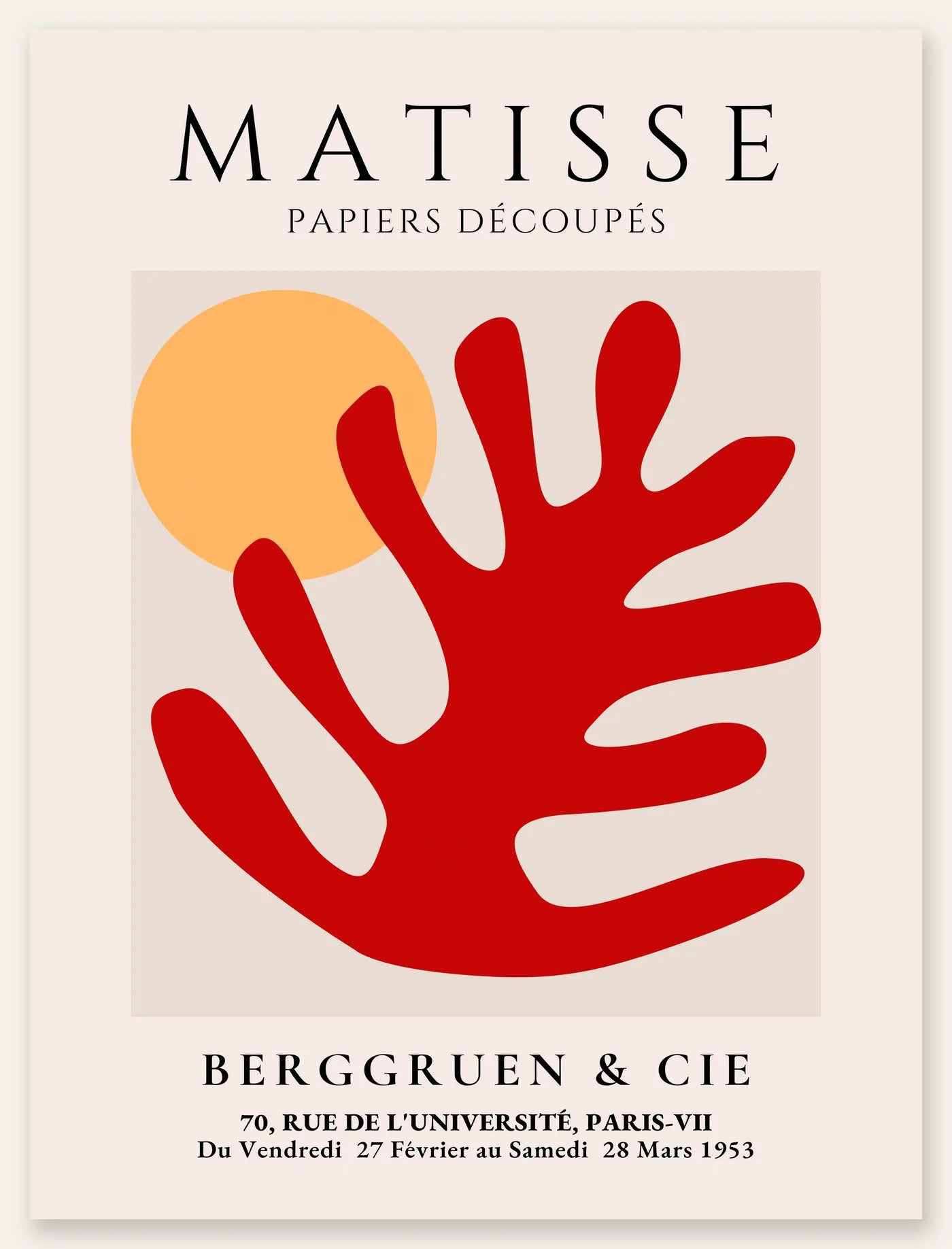 Affiche Feuille Corail Rouge et Soleil Papiers Decoupes — Henri Matisse — vue catalogue