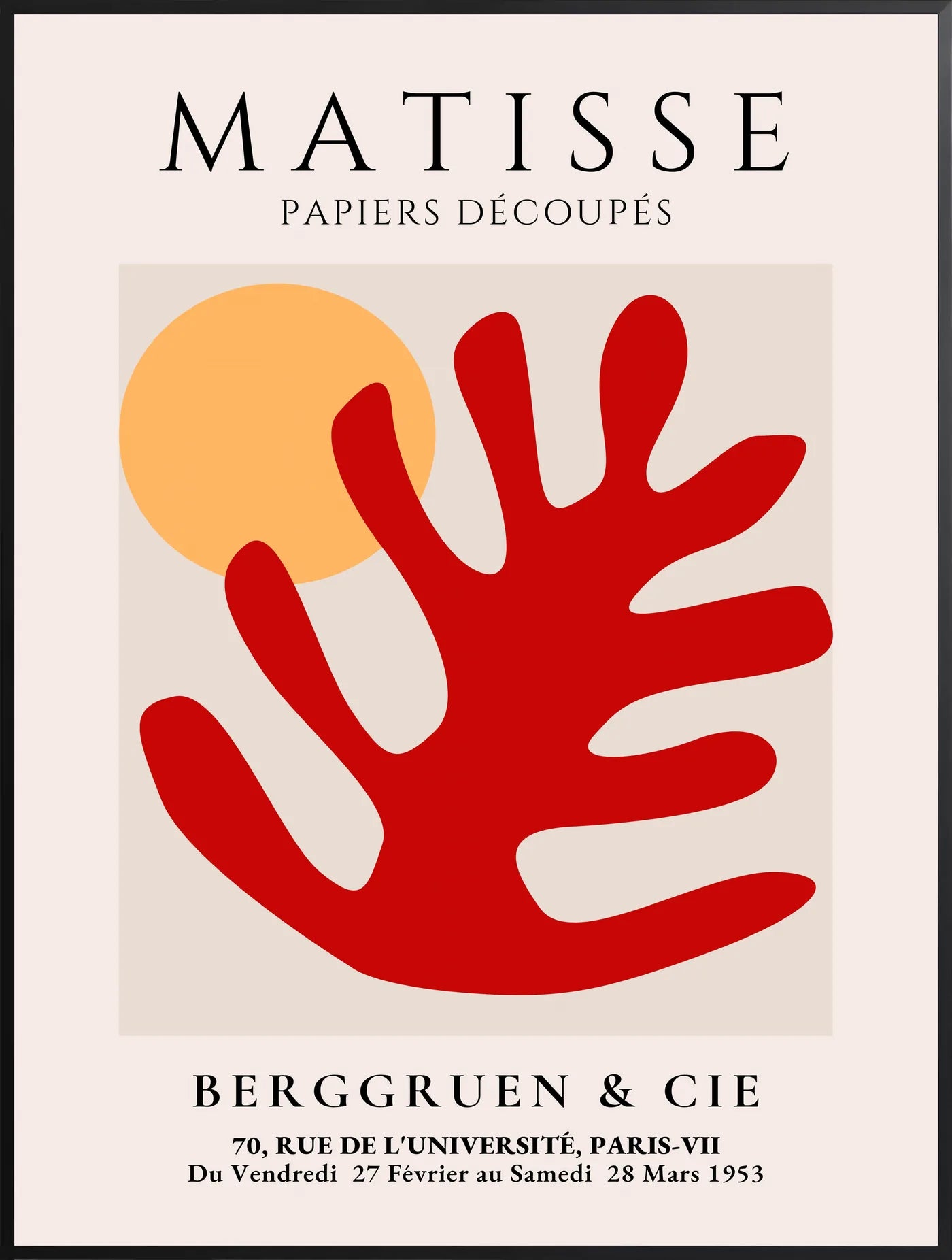 Affiche Feuille Corail Rouge et Soleil Papiers Decoupes — Henri Matisse — encadrement noir